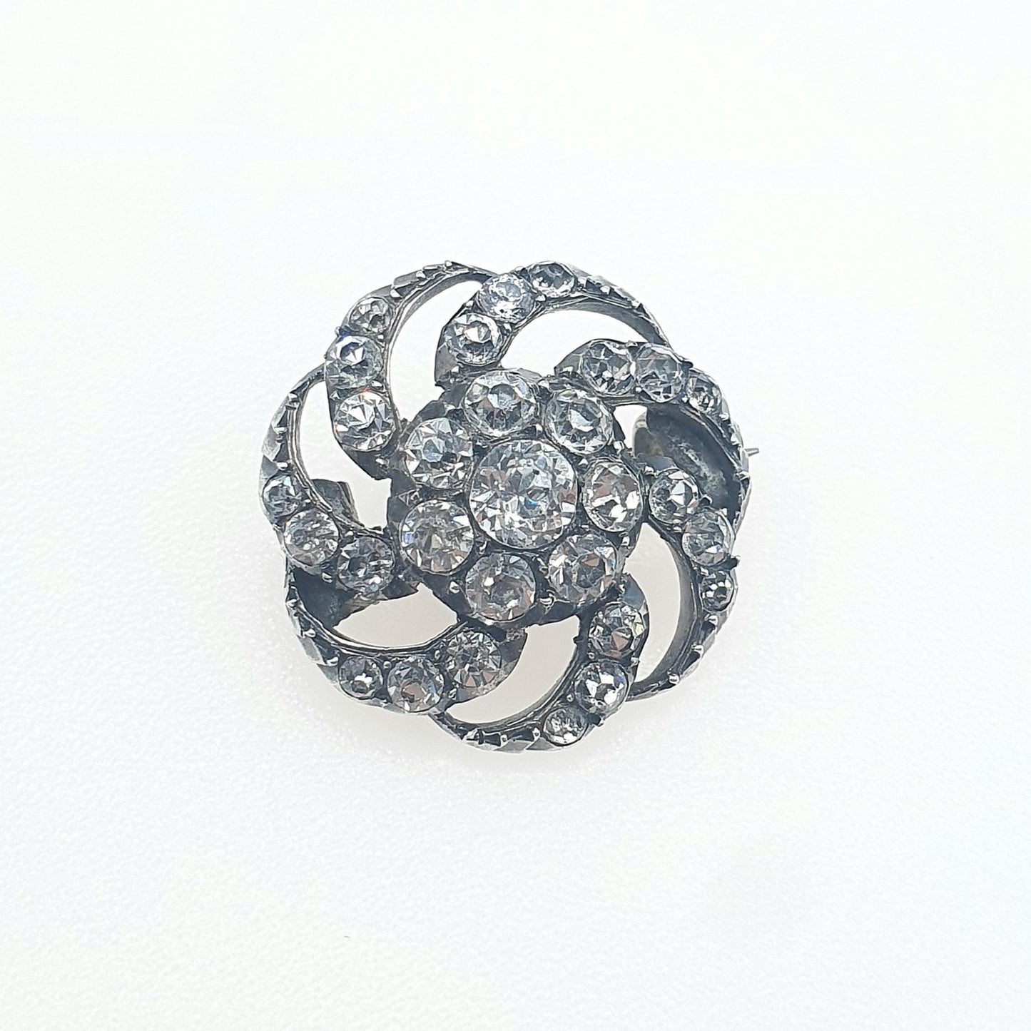 Antique Victorian Diamond Paste Solid Silver Brooch Spiral Swirl Old Cut Ornate Late 1800s Sparkly Foiled Glass Jewelry Jewellery