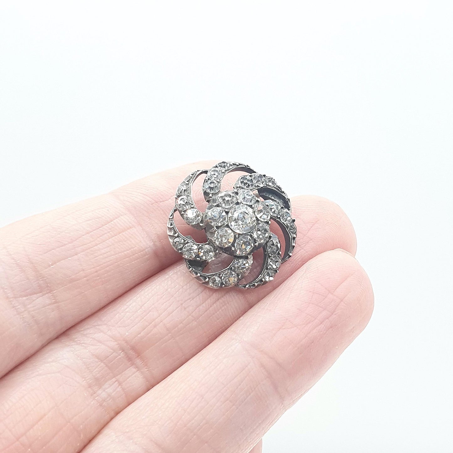 Antique Victorian Diamond Paste Solid Silver Brooch Spiral Swirl Old Cut Ornate Late 1800s Sparkly Foiled Glass Jewelry Jewellery