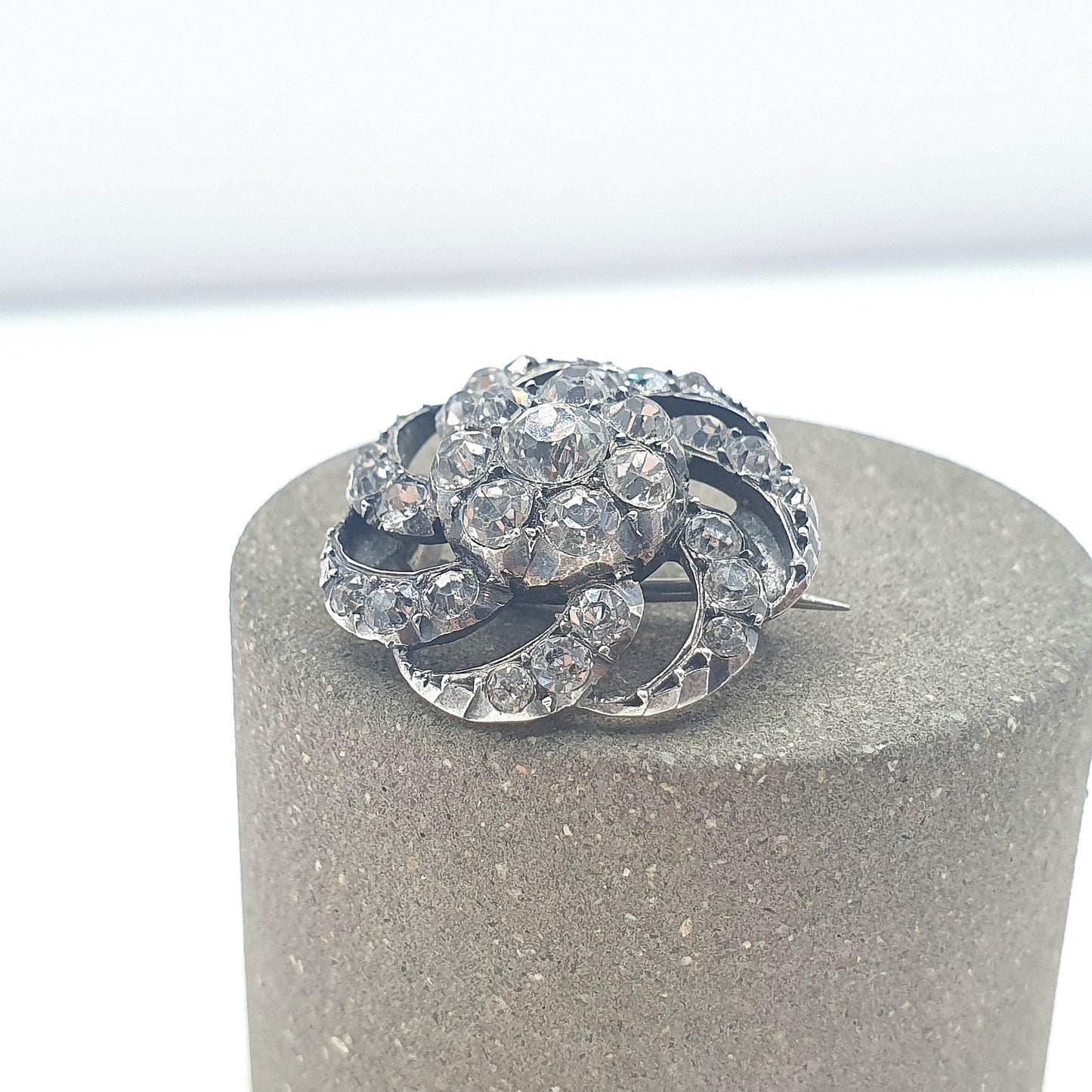 Antique Victorian Diamond Paste Solid Silver Brooch Spiral Swirl Old Cut Ornate Late 1800s Sparkly Foiled Glass Jewelry Jewellery