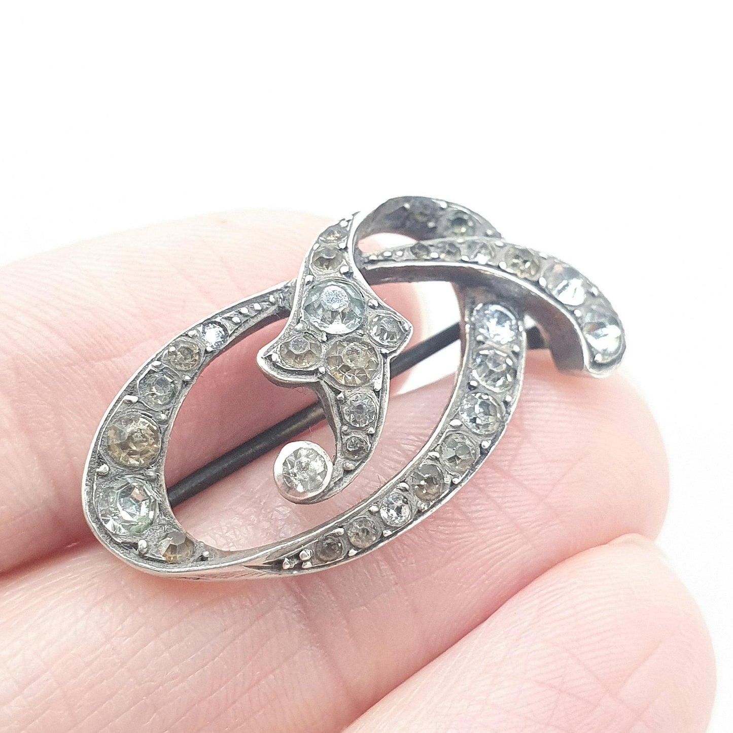 Antique Victorian Solid Silver Diamond Paste Brooch Pin Scroll Art Nouveau Ornate Late 1800s Vintage Foiled Glass Jewelry Jewellery