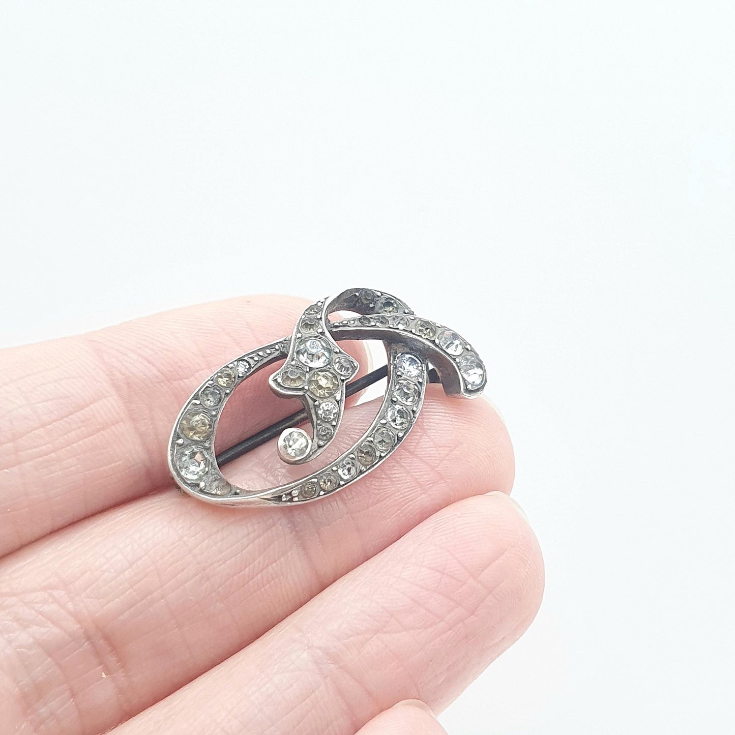 Antique Victorian Solid Silver Diamond Paste Brooch Pin Scroll Art Nouveau Ornate Late 1800s Vintage Foiled Glass Jewelry Jewellery