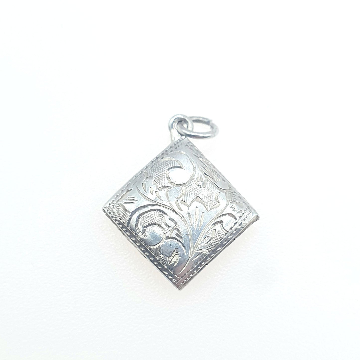 Vintage Sterling Silver Square Locket Small Tiny Necklace Pendant Engraved Picture Photo Jewelry Jewellery