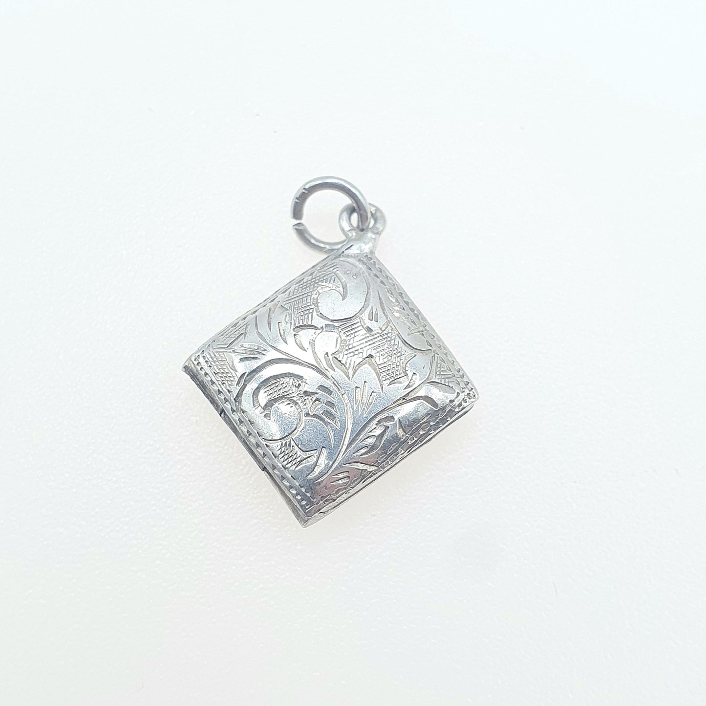 Vintage Sterling Silver Square Locket Small Tiny Necklace Pendant Engraved Picture Photo Jewelry Jewellery