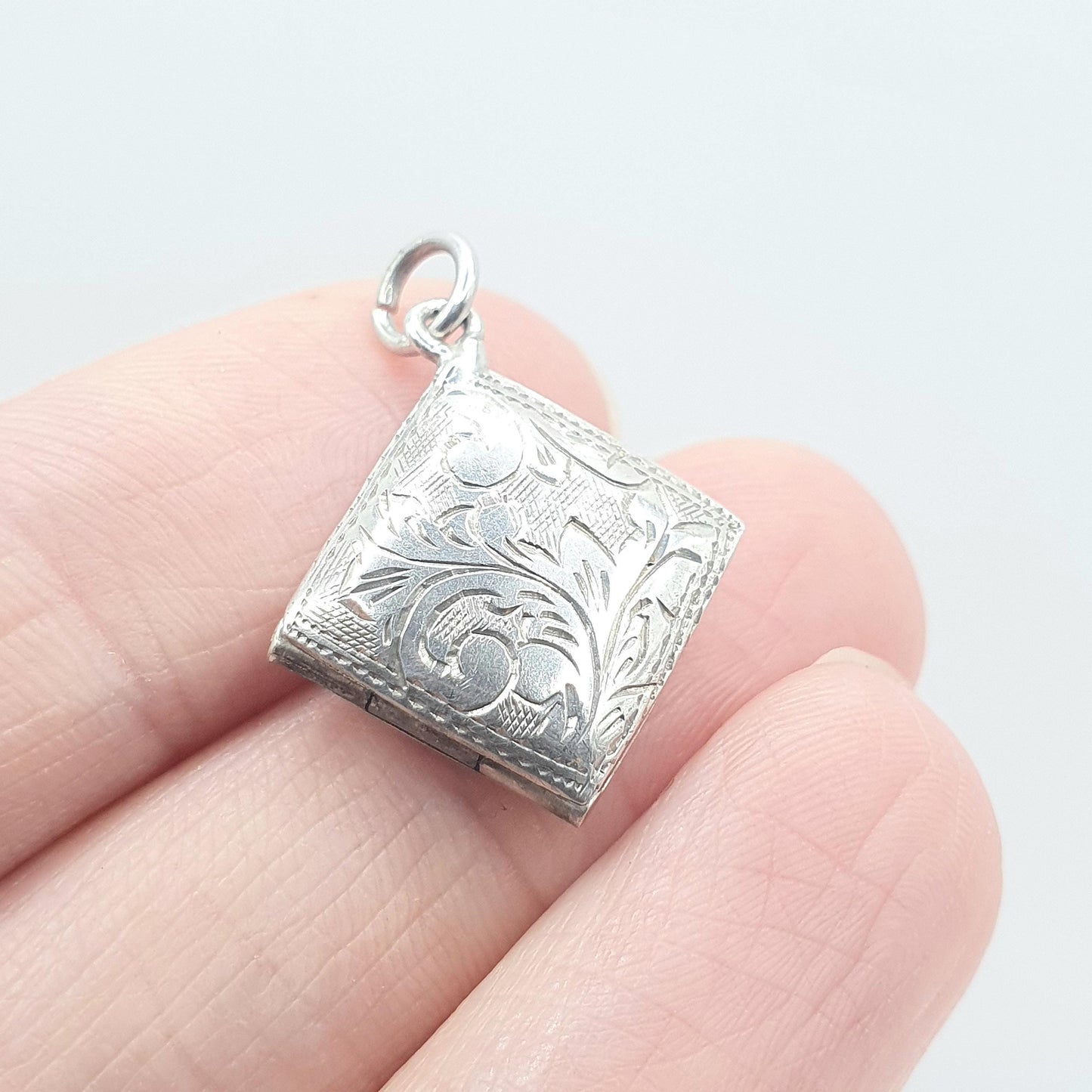 Vintage Sterling Silver Square Locket Small Tiny Necklace Pendant Engraved Picture Photo Jewelry Jewellery