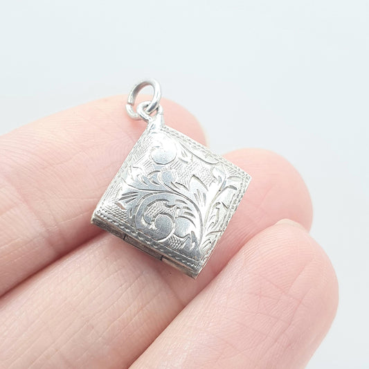 Vintage Sterling Silver Square Locket Small Tiny Necklace Pendant Engraved Picture Photo Jewelry Jewellery