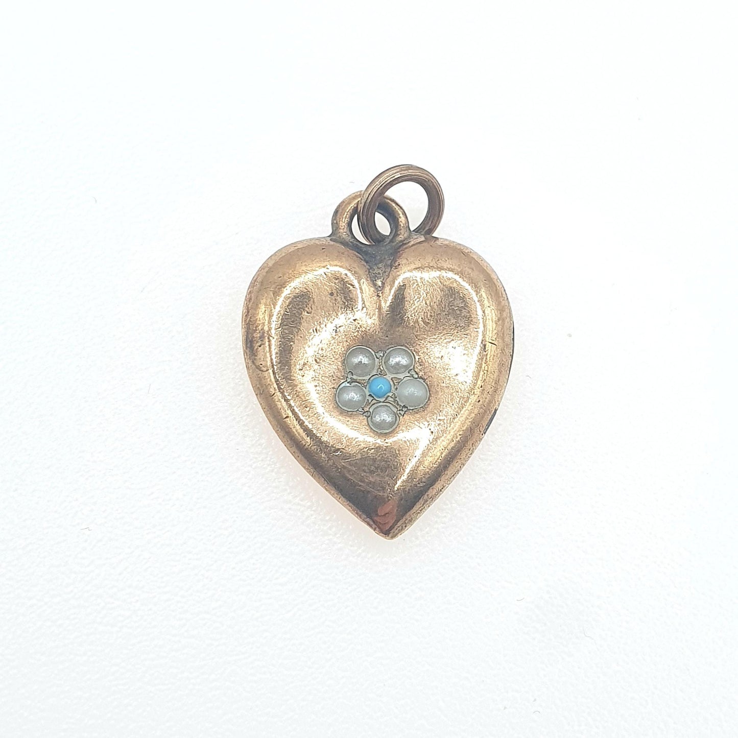 Antique Victorian Rolled Gold Heart Faux Seed Pearl Turquoise Necklace Pendant Charm Puffer Gold Filled Womens Jewelry Vintage Jewellery