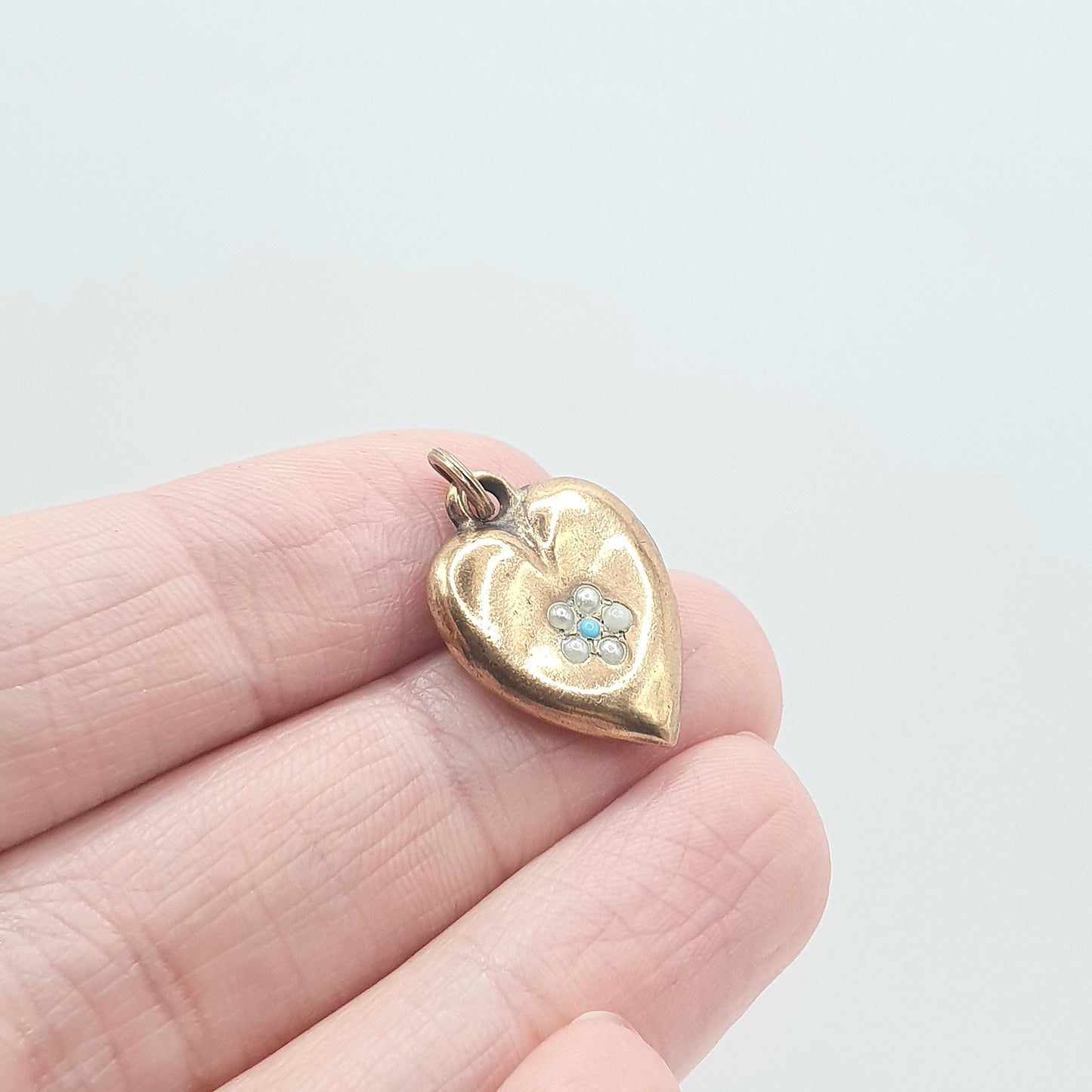 Antique Victorian Rolled Gold Heart Faux Seed Pearl Turquoise Necklace Pendant Charm Puffer Gold Filled Womens Jewelry Vintage Jewellery