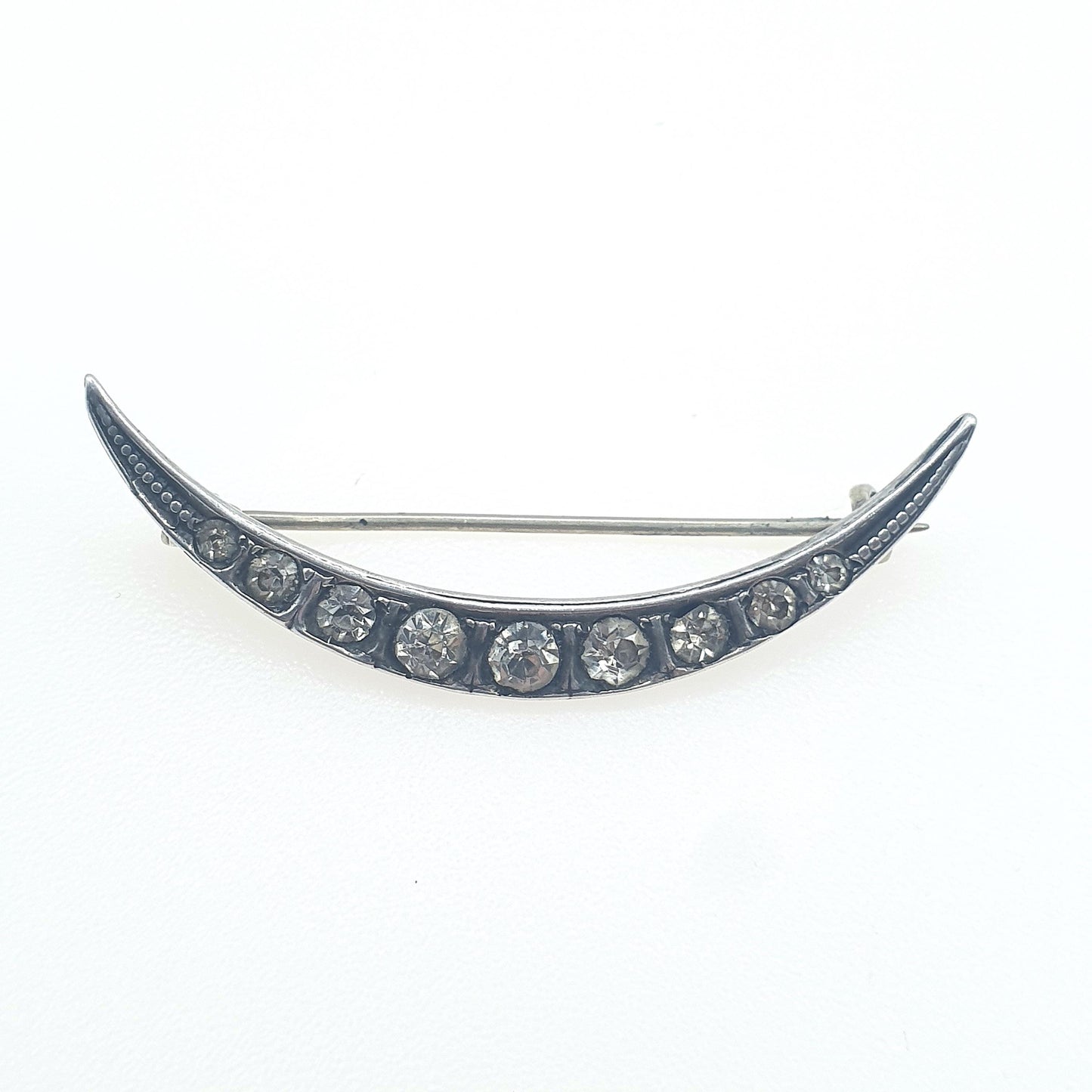 Antique Solid Silver Crescent Moon Diamond Paste Brooch Victorian Sparkly Vintage Celestial Womens Jewelry Jewellery 1800s Genuine