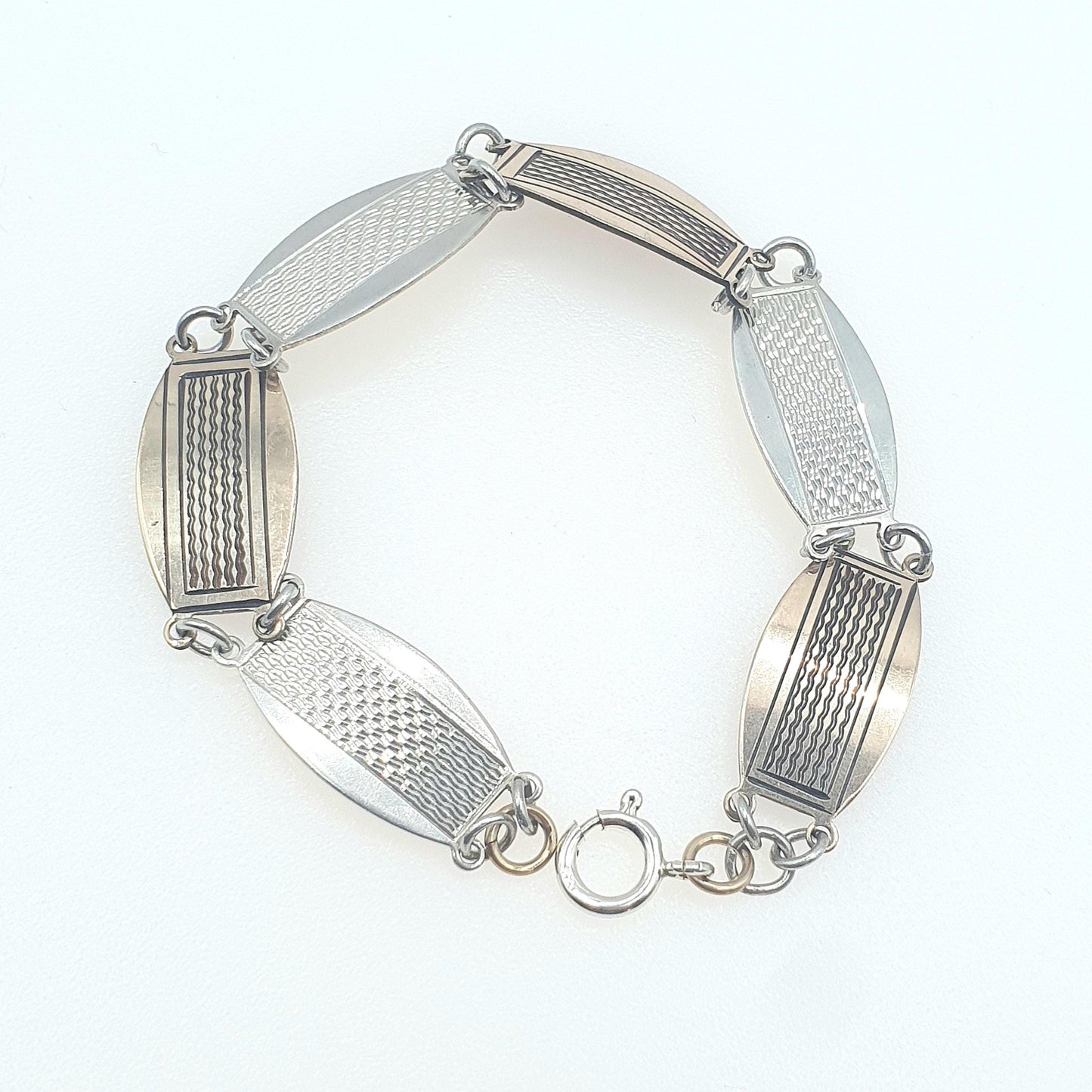 Antique Art Deco Solid Silver & Rolled Gold Bracelet Engine Turned Geometric Pattern Vintage Womens Unisex Jewellery Jewelry