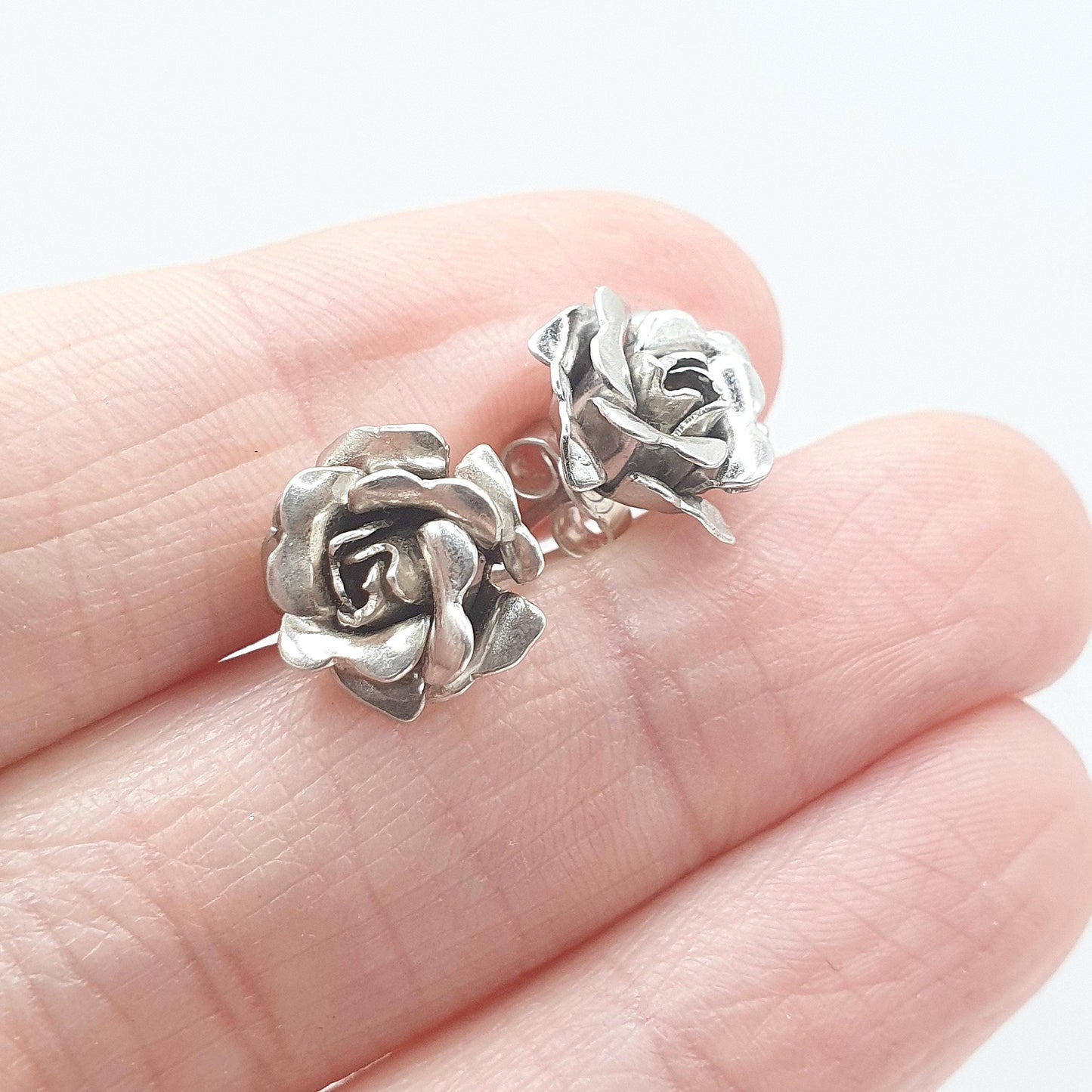 RESERVED/SOLD DON Vintage Solid Silver Rose Flower Stud Earrings Handmade Floral Bloom Rosebuds Sweet Gift