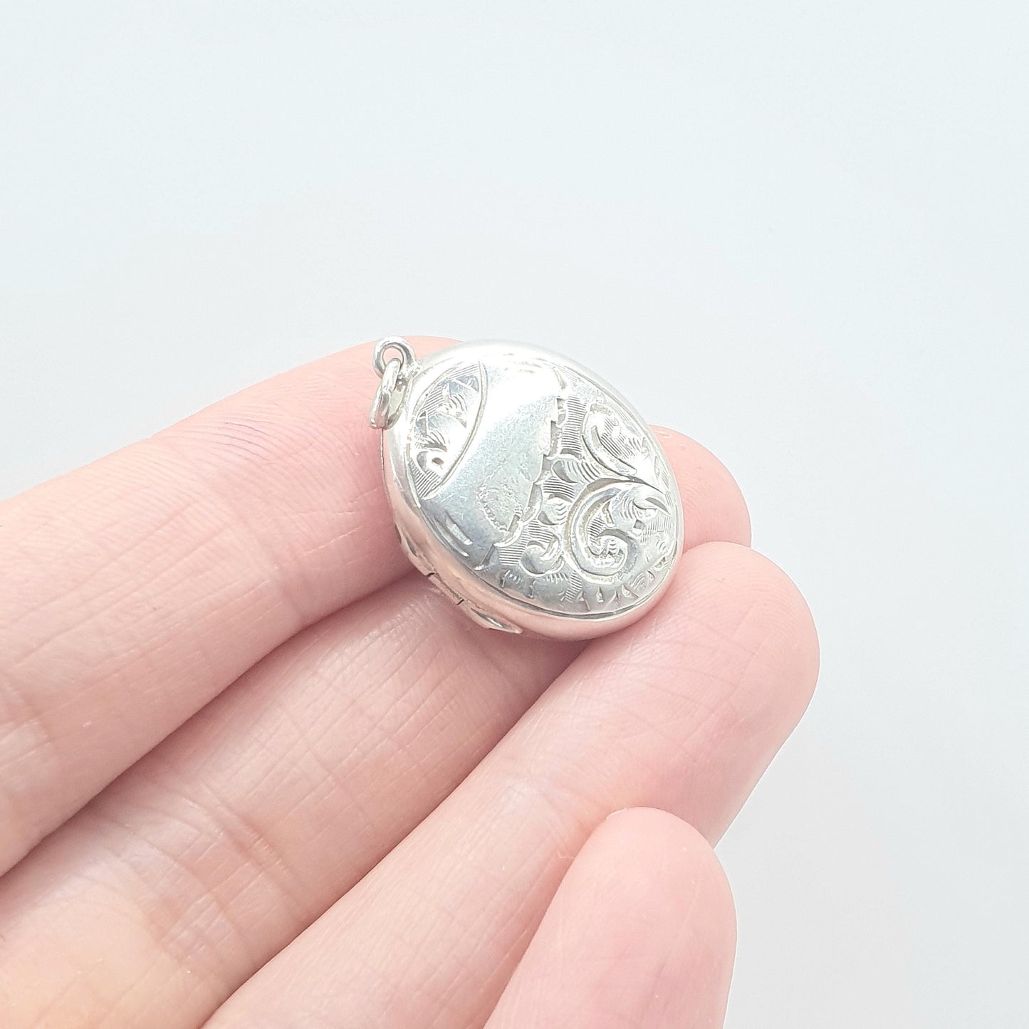 Antique Solid Silver Oval Locket Back and Front Hand Engraved Photo Keepsake Gift Pendant Necklace Womens Unisex Jewelry Jewellery