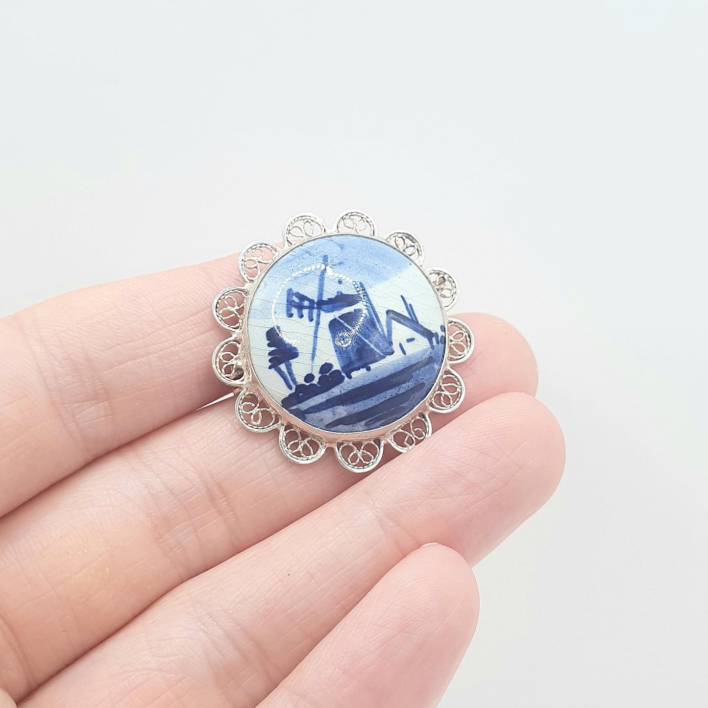 Old Vintage Solid Silver Dutch China Brooch Windmill Filigree Foreign Silver Blue Painted Womens Unisex Jewelry Jewellery