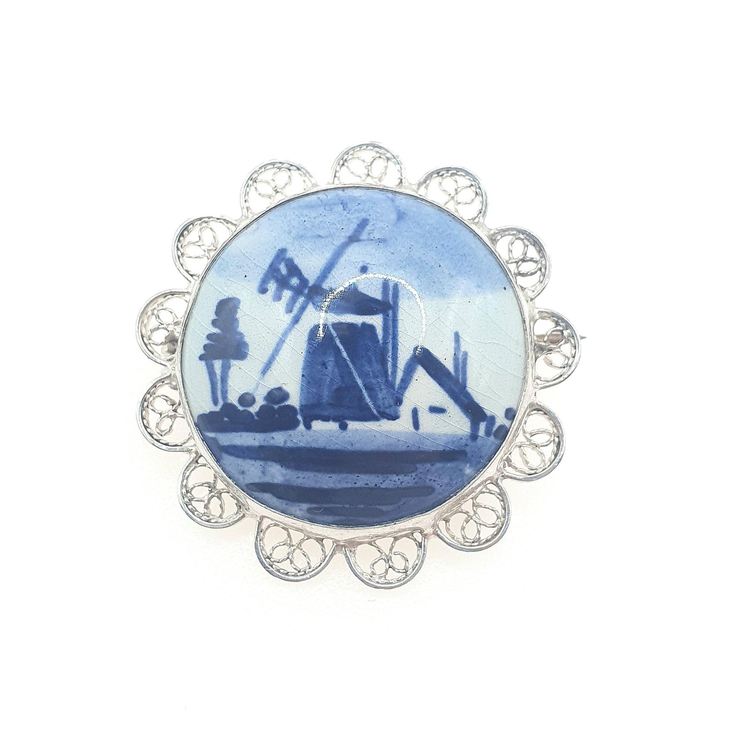 Old Vintage Solid Silver Dutch China Brooch Windmill Filigree Foreign Silver Blue Painted Womens Unisex Jewelry Jewellery