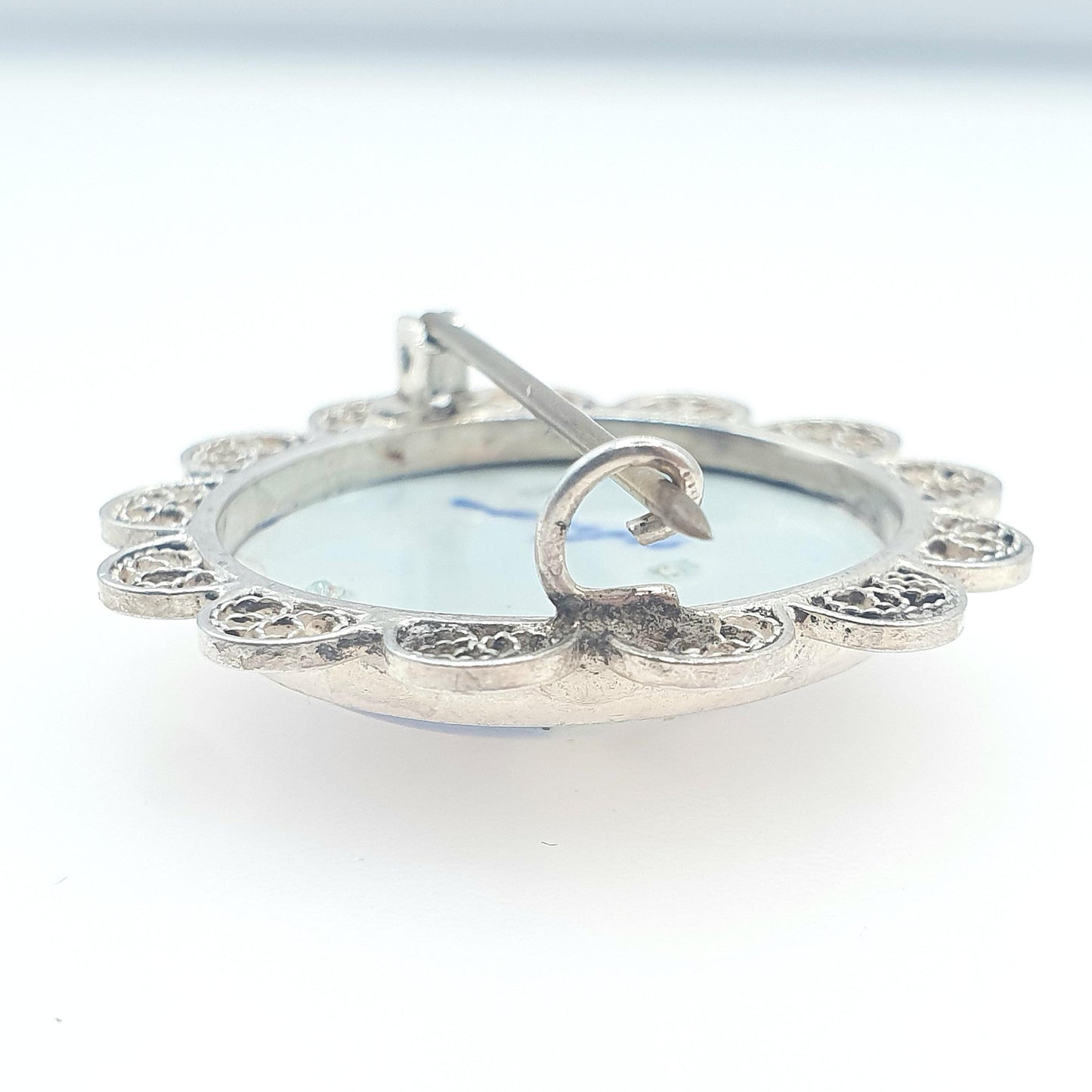 Old Vintage Solid Silver Dutch China Brooch Windmill Filigree Foreign Silver Blue Painted Womens Unisex Jewelry Jewellery