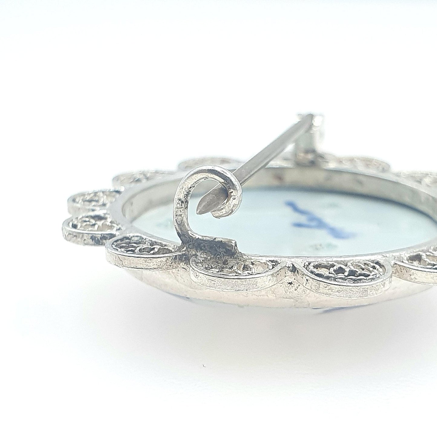 Old Vintage Solid Silver Dutch China Brooch Windmill Filigree Foreign Silver Blue Painted Womens Unisex Jewelry Jewellery