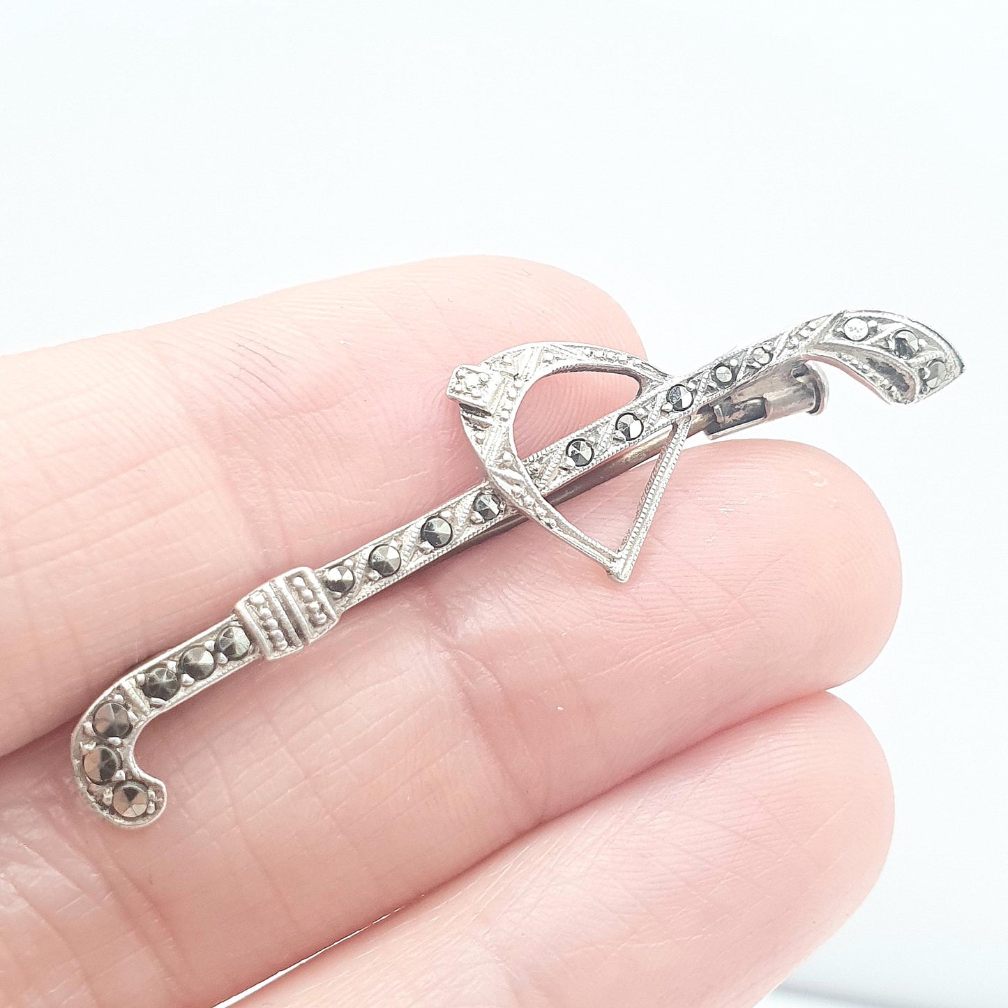Antique Art Deco Solid Silver Riding Crop & Stirrup Brooch Marcasite Horseriding Equestrian Sport Unisex Womens Jewelry Jewellery