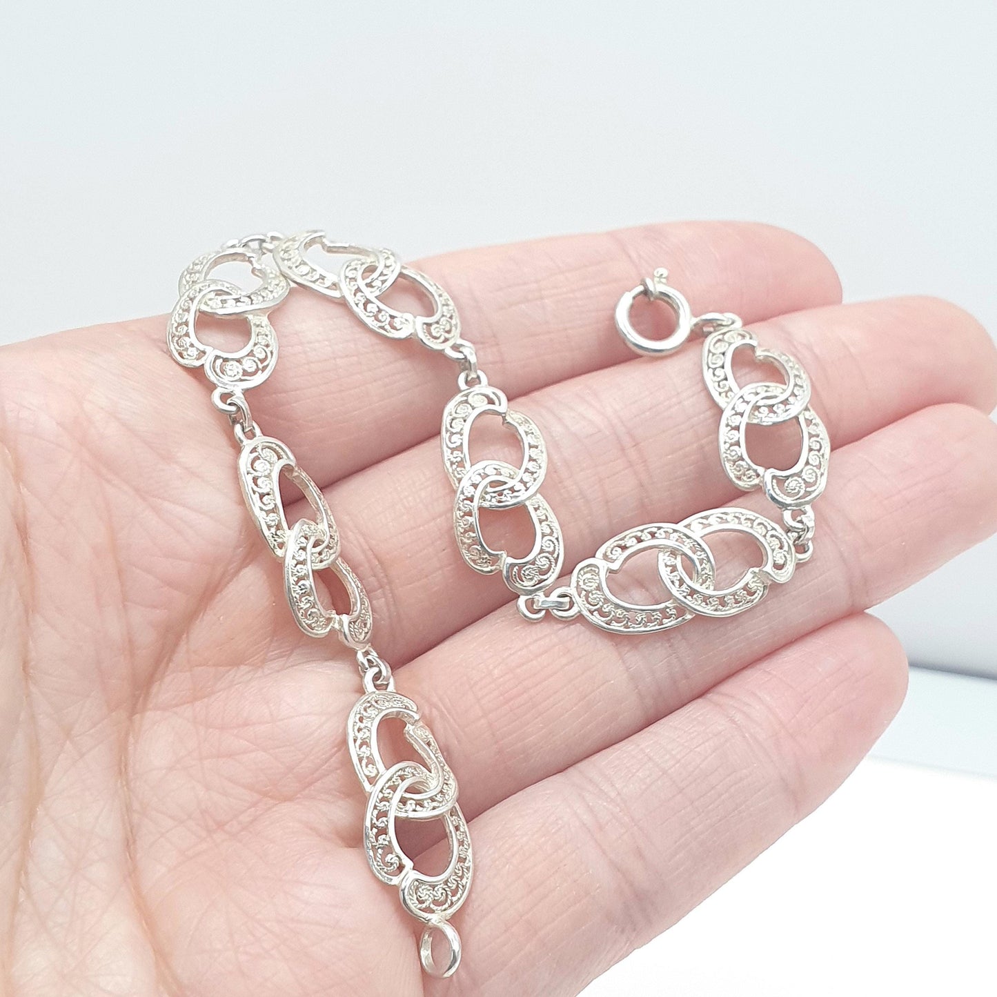 Vintage Sterling Silver Filigree Bracelet Figure 8 Links Ladies Gift Infinity 18.5cm 6.59g Womens Jewelry Retro Jewellery