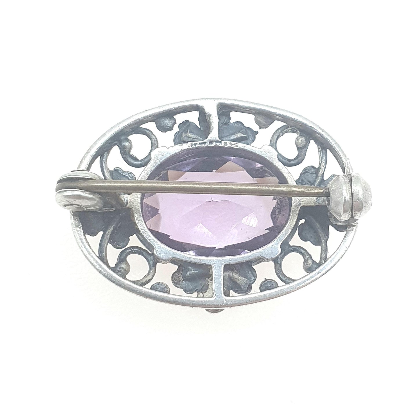 Old Vintage Solid Silver Amethyst Brooch Bernard Instone Style Art Deco Flower Border Purple Gemstone Ladies Womens Jewelry Jewellery