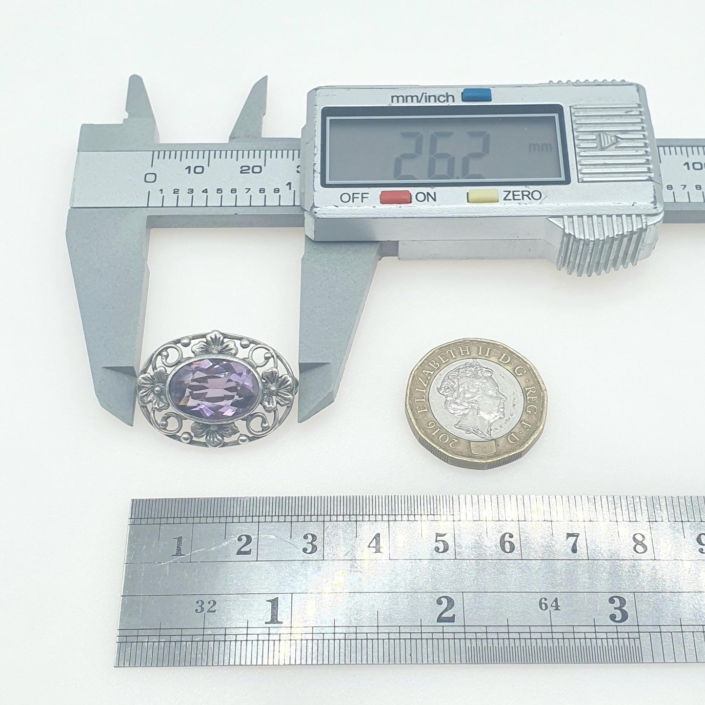 Old Vintage Solid Silver Amethyst Brooch Bernard Instone Style Art Deco Flower Border Purple Gemstone Ladies Womens Jewelry Jewellery