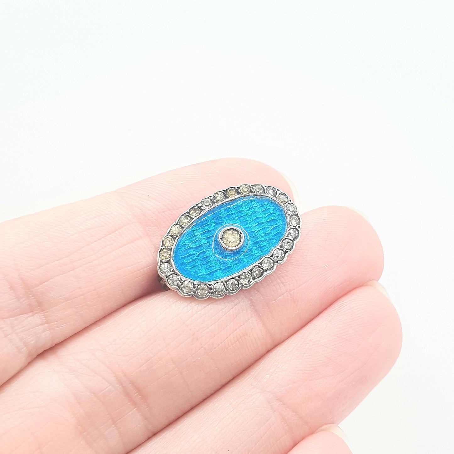 Antique Victorian Solid Silver Blue Enamel Diamond Paste Brooch Champleve Oval Sky Blue Unisex Jewelry Jewellery
