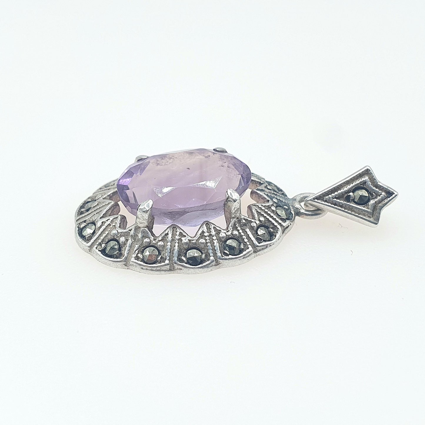 Antique Art Deco Solid Silver Amethyst Pendant Marcasite Border Oval Cut Purple Quartz Gemstone Necklace Womens Jewellery Jewelry