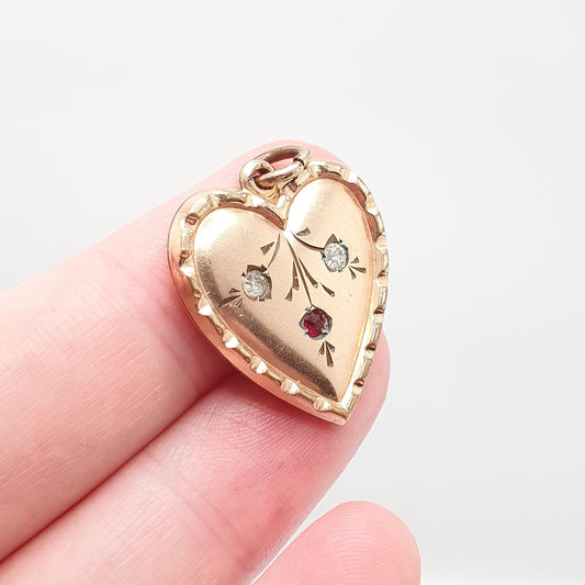 Antique Victorian Rolled Gold Heart Faux Seed Pearl Garnet Paste Necklace Pendant Charm Puffer Gold Filled Womens Jewelry Vintage Jewellery