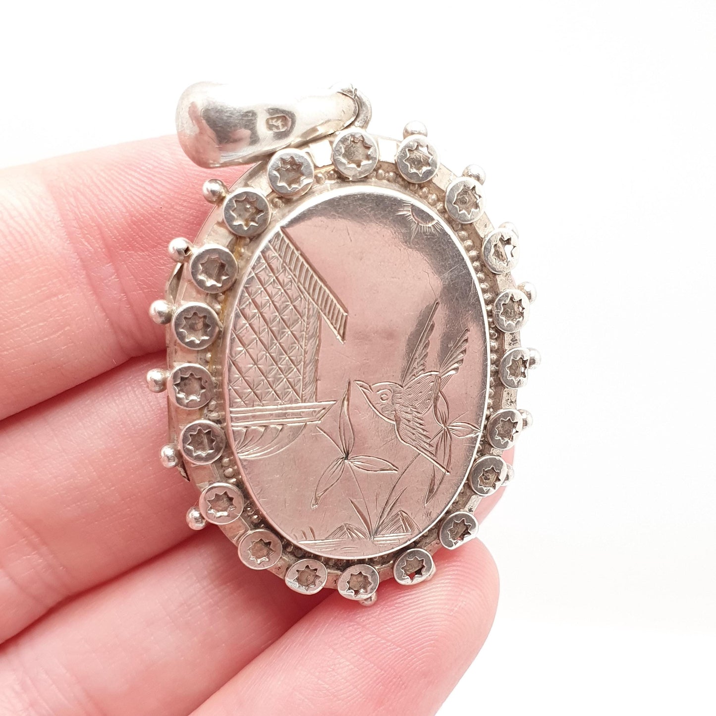 Antique Victorian Sterling Silver Bird Locket Floral Flower Pendant 1880 Hallmark Picture Photo Aesthetic Vintage Jewelry Jewellery