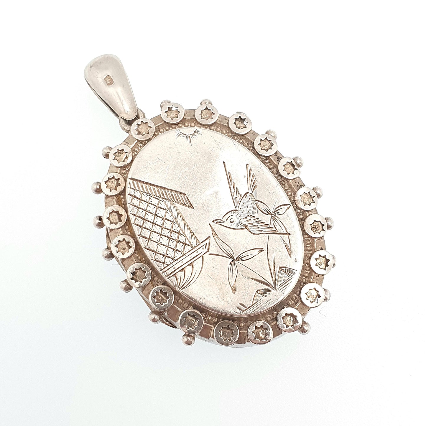 Antique Victorian Sterling Silver Bird Locket Floral Flower Pendant 1880 Hallmark Picture Photo Aesthetic Vintage Jewelry Jewellery