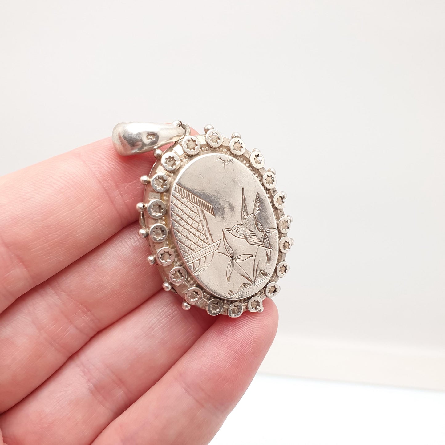Antique Victorian Sterling Silver Bird Locket Floral Flower Pendant 1880 Hallmark Picture Photo Aesthetic Vintage Jewelry Jewellery