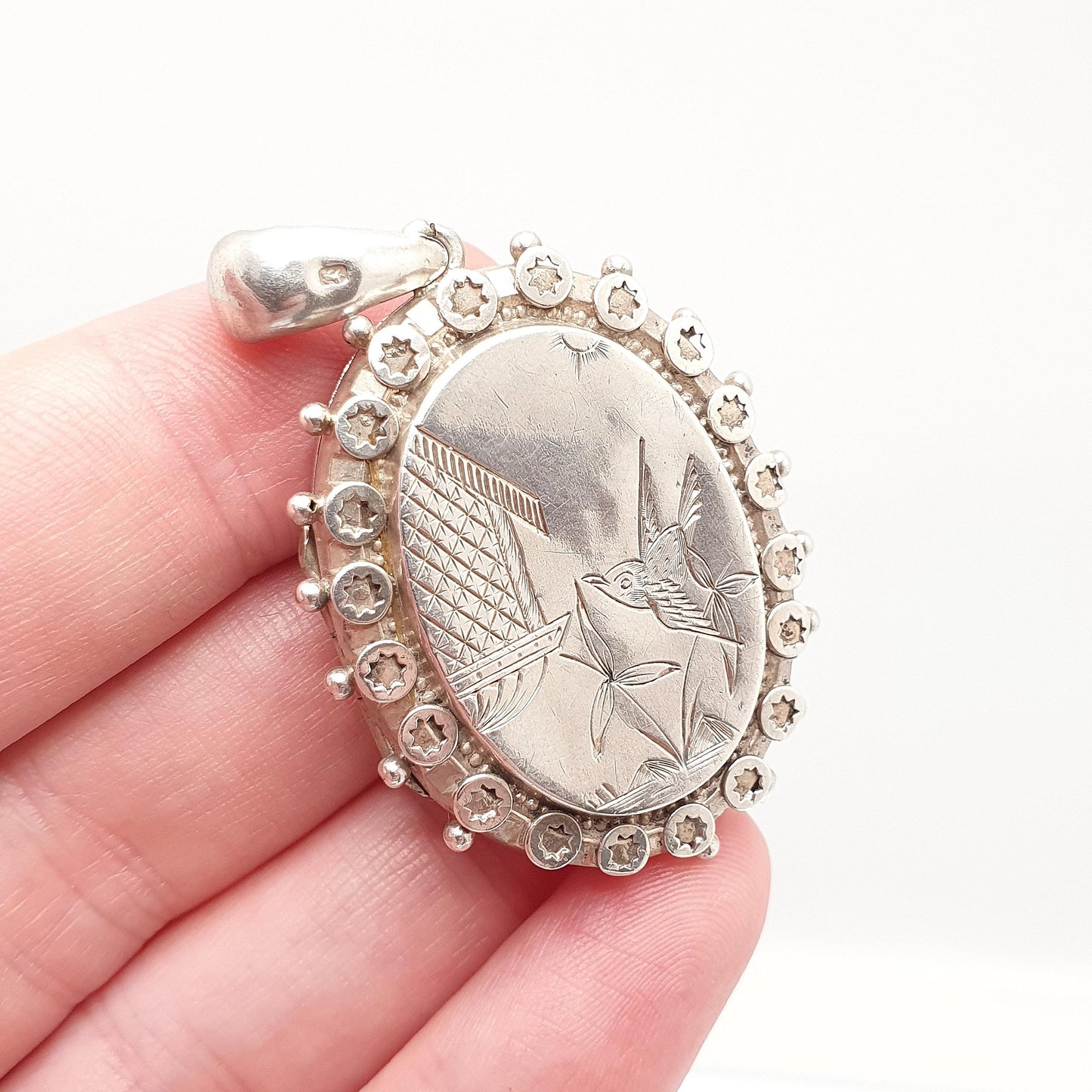 Antique Victorian Sterling Silver Bird Locket Floral Flower Pendant 1880 Hallmark Picture Photo Aesthetic Vintage Jewelry Jewellery