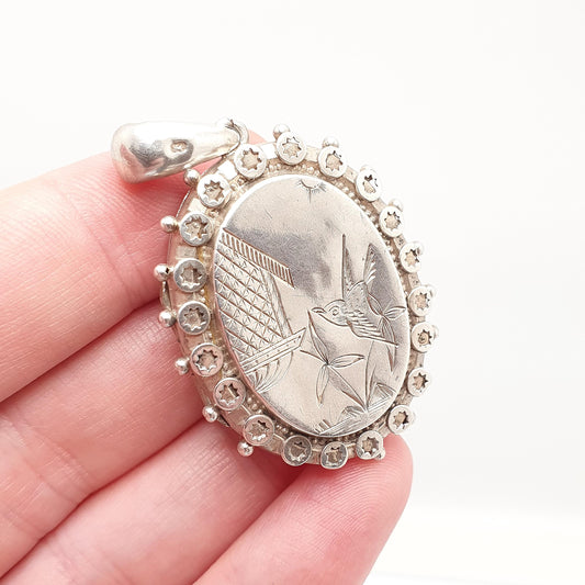 Antique Victorian Sterling Silver Bird Locket Floral Flower Pendant 1880 Hallmark Picture Photo Aesthetic Vintage Jewelry Jewellery