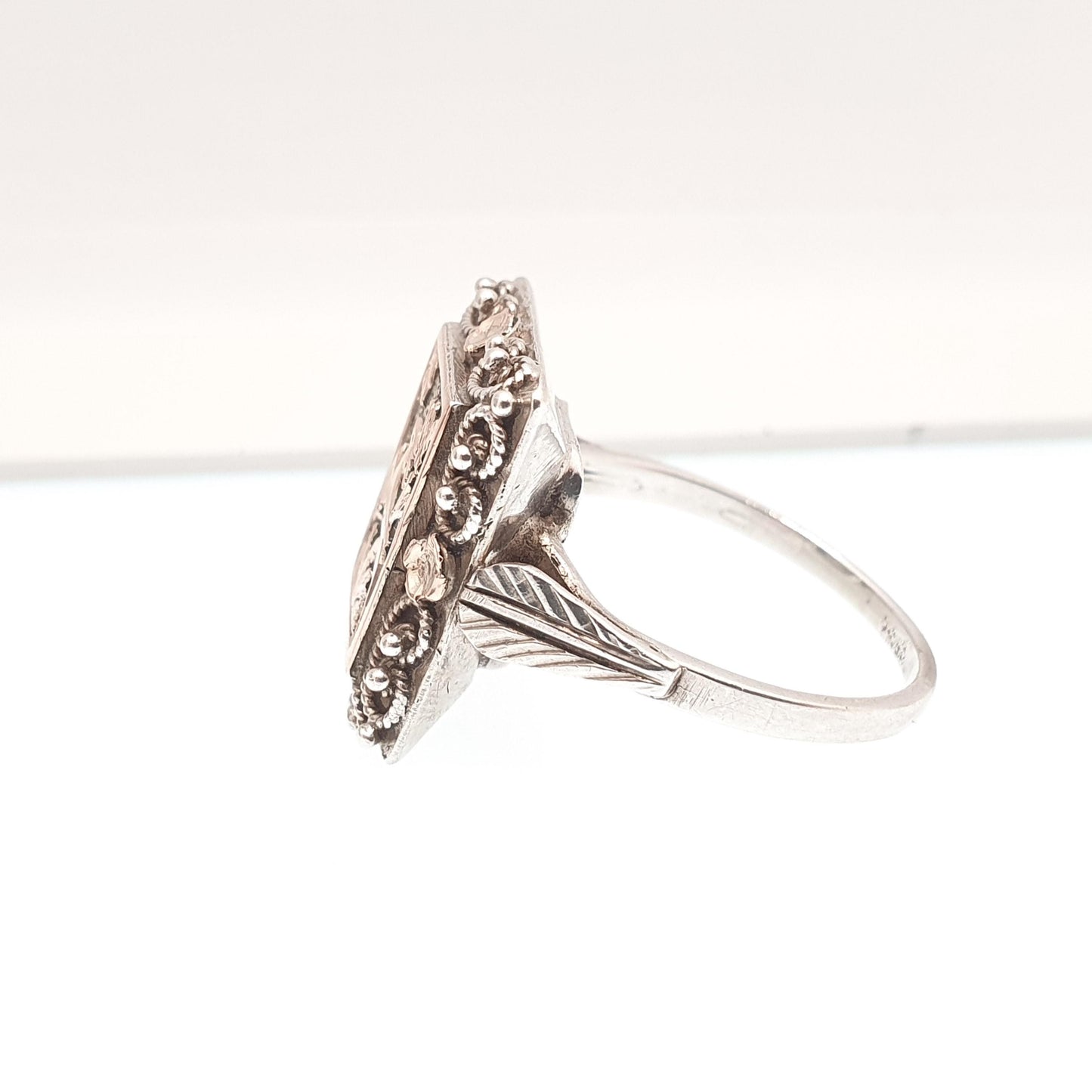Antique Victorian Solid Silver Deer Signet Ring Rose Gold Highlight Animal Rectangular Vintage Statement Womens Jewelry