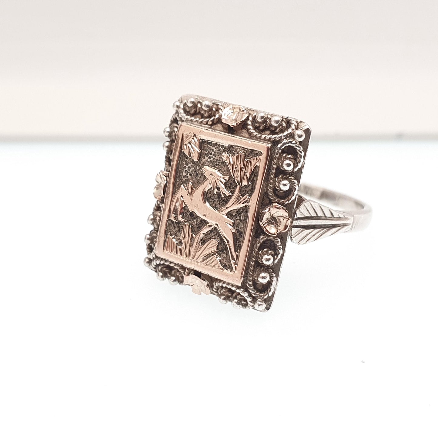 Antique Victorian Solid Silver Deer Signet Ring Rose Gold Highlight Animal Rectangular Vintage Statement Womens Jewelry