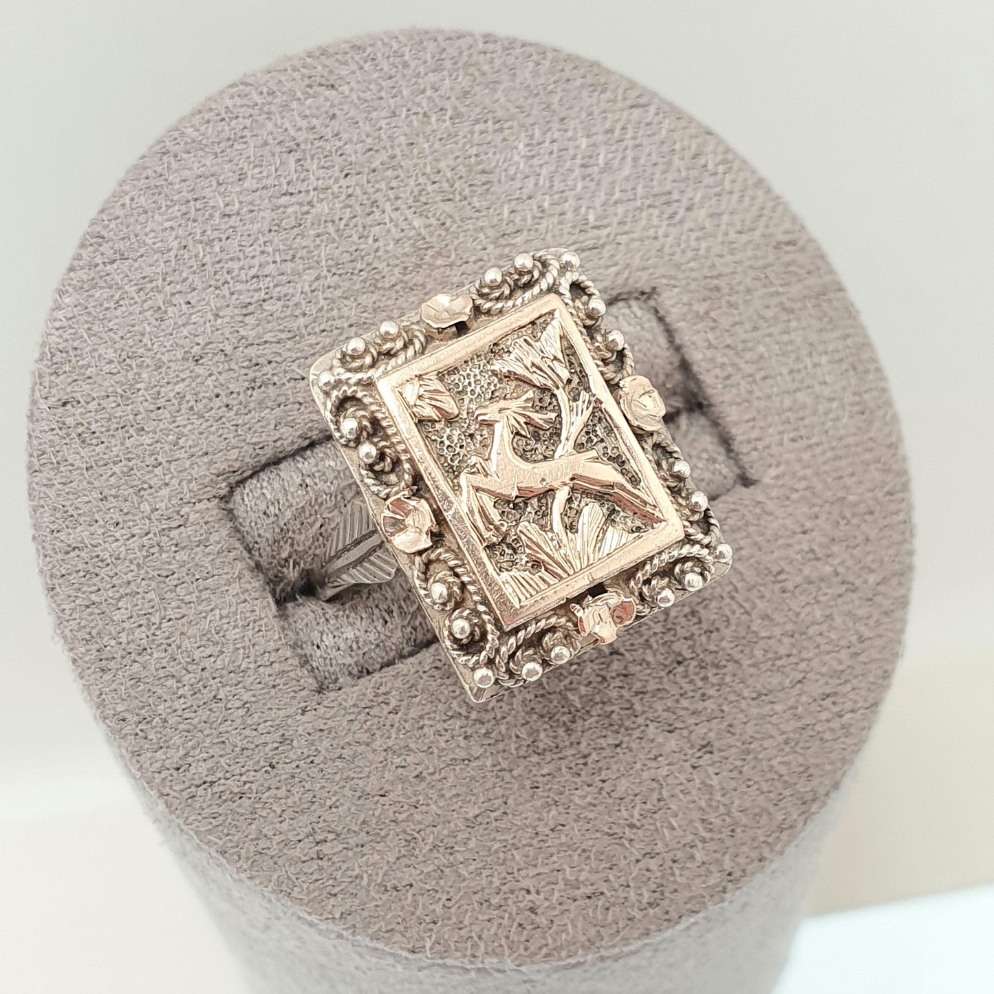 Antique Victorian Solid Silver Deer Signet Ring Rose Gold Highlight Animal Rectangular Vintage Statement Womens Jewelry