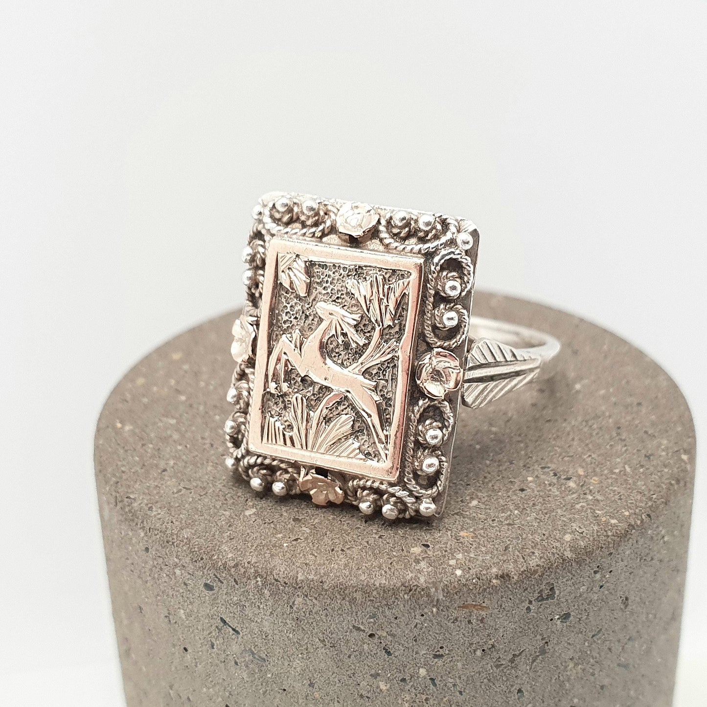 Antique Victorian Solid Silver Deer Signet Ring Rose Gold Highlight Animal Rectangular Vintage Statement Womens Jewelry