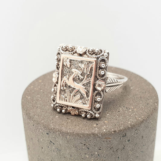 Antique Victorian Solid Silver Deer Signet Ring Rose Gold Highlight Animal Rectangular Vintage Statement Womens Jewelry