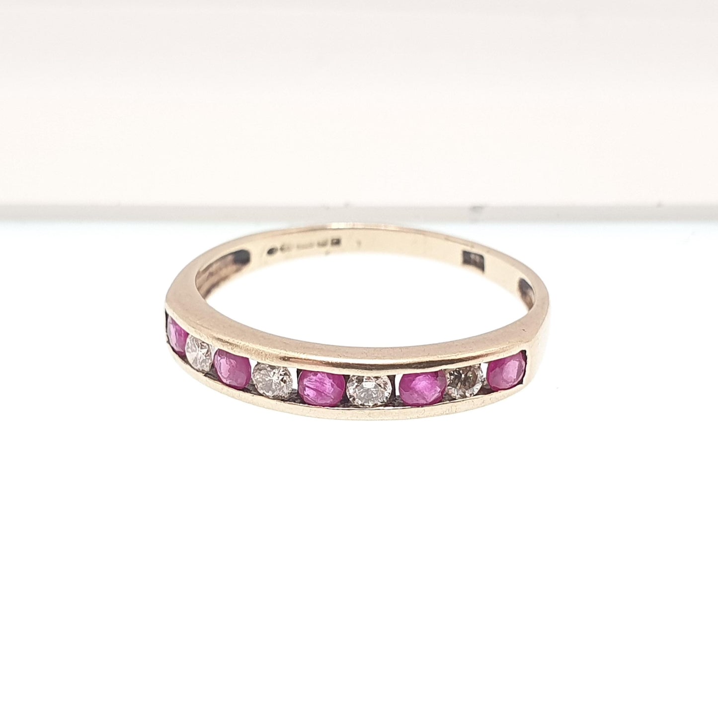 Vintage 9k 9ct Gold Ruby & Diamond Ring Hallmarked Solid 375 9kt Natural Diamonds Half Eternity Womens Jewelry Jewellery