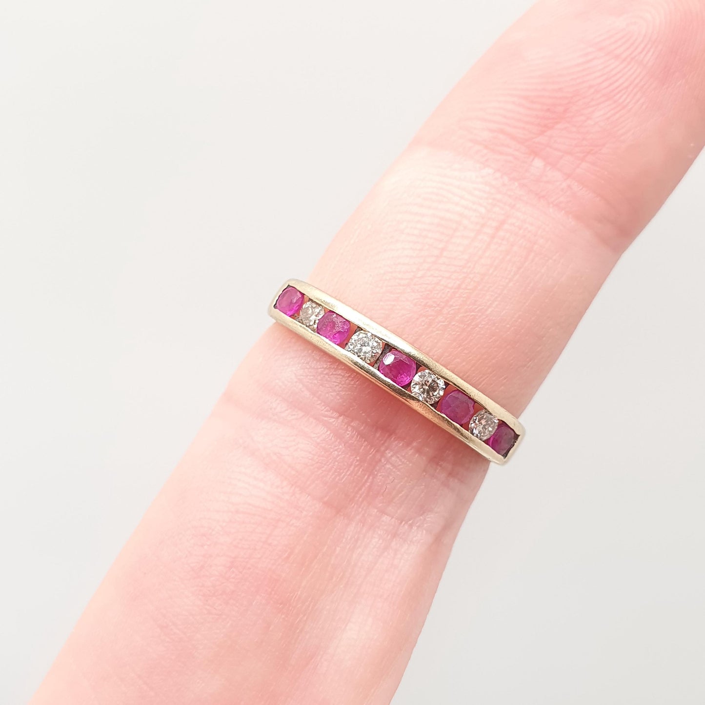 Vintage 9k 9ct Gold Ruby & Diamond Ring Hallmarked Solid 375 9kt Natural Diamonds Half Eternity Womens Jewelry Jewellery
