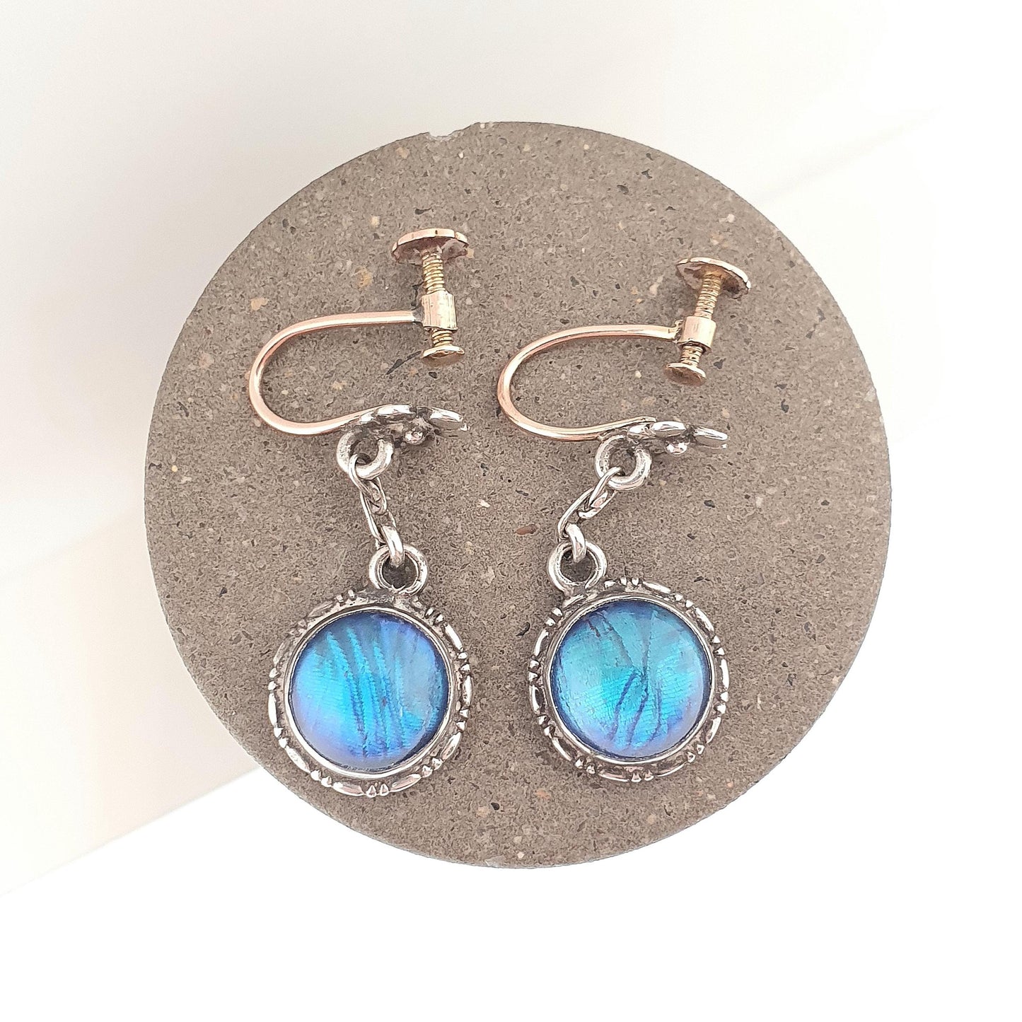 Antique 9ct Gold Butterfly Wing Earrings Sterling Silver Art Deco Genuine Insect Blue Rare Vintage Jewelry 1920s Jewellery