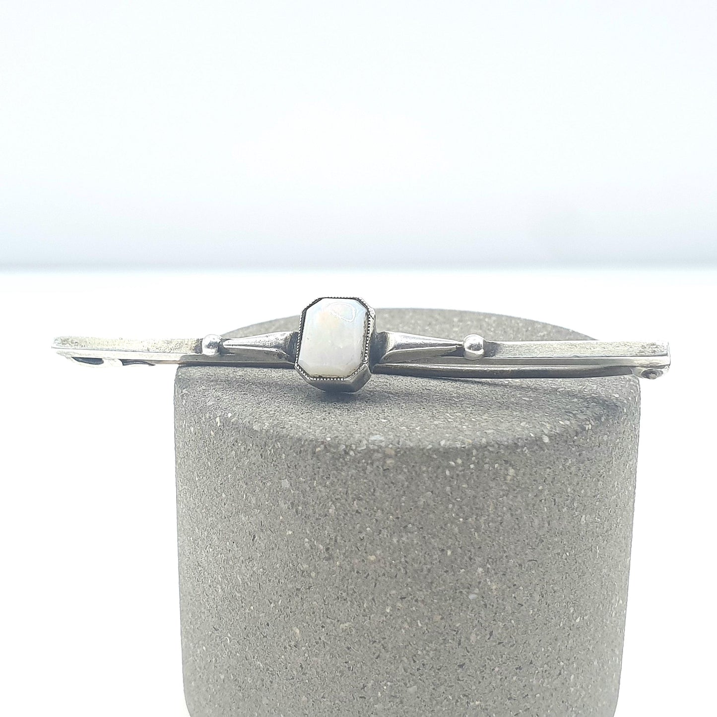 Antique Sterling Silver White Opal Brooch Art Deco Bar Pin Rectangular Cut Gift Womens Unisex Jewelry Jewellery