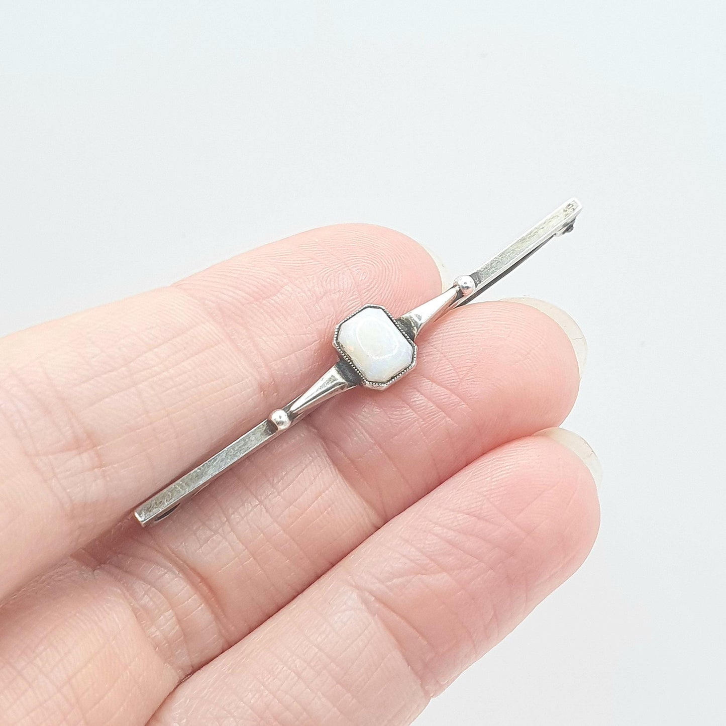 Antique Sterling Silver White Opal Brooch Art Deco Bar Pin Rectangular Cut Gift Womens Unisex Jewelry Jewellery
