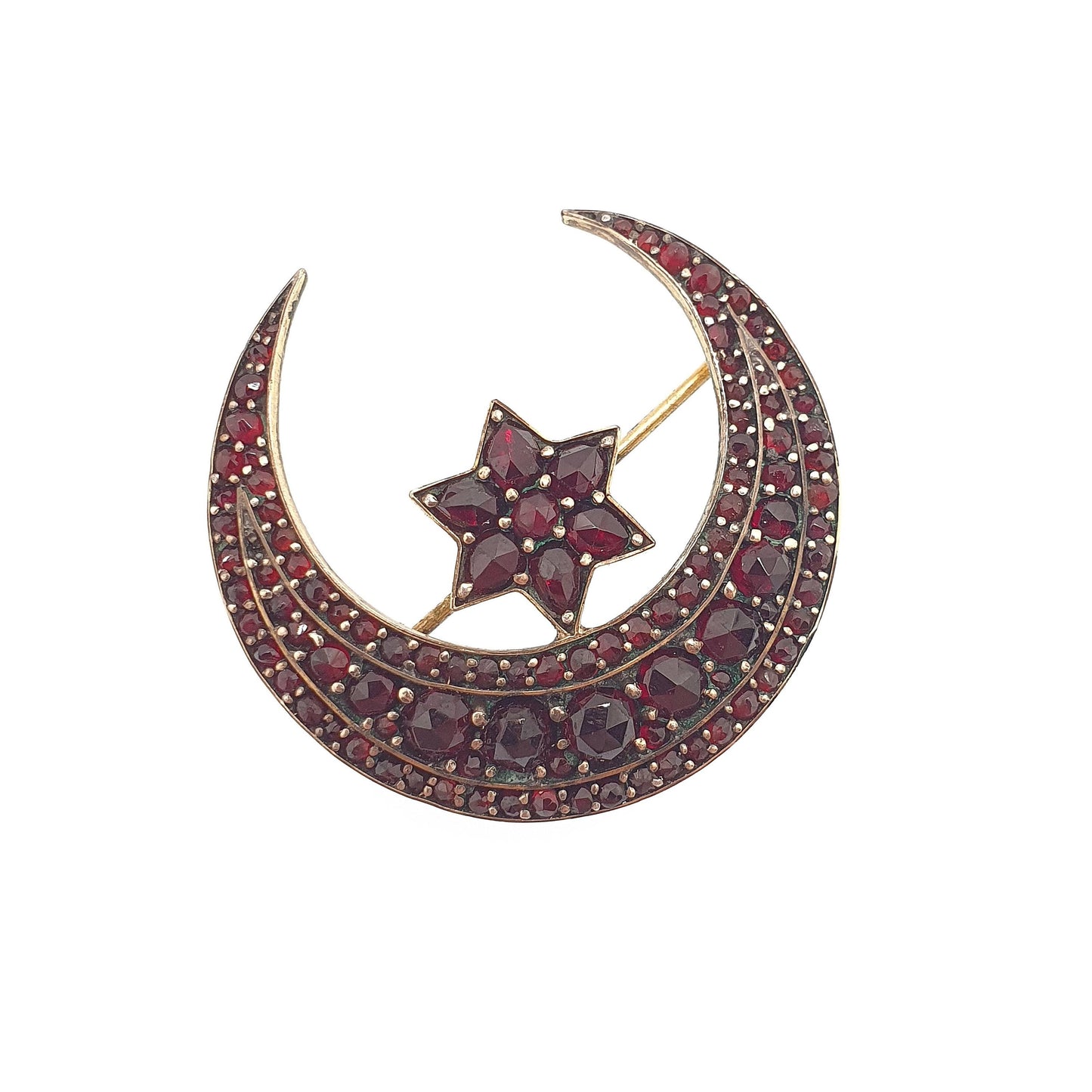 Antique Victorian Bohemian Garnet Star Brooch Crescent Moon Starburst Rolled Gold Renaissance Revival Pyrope Vintage Jewelry Jewellery