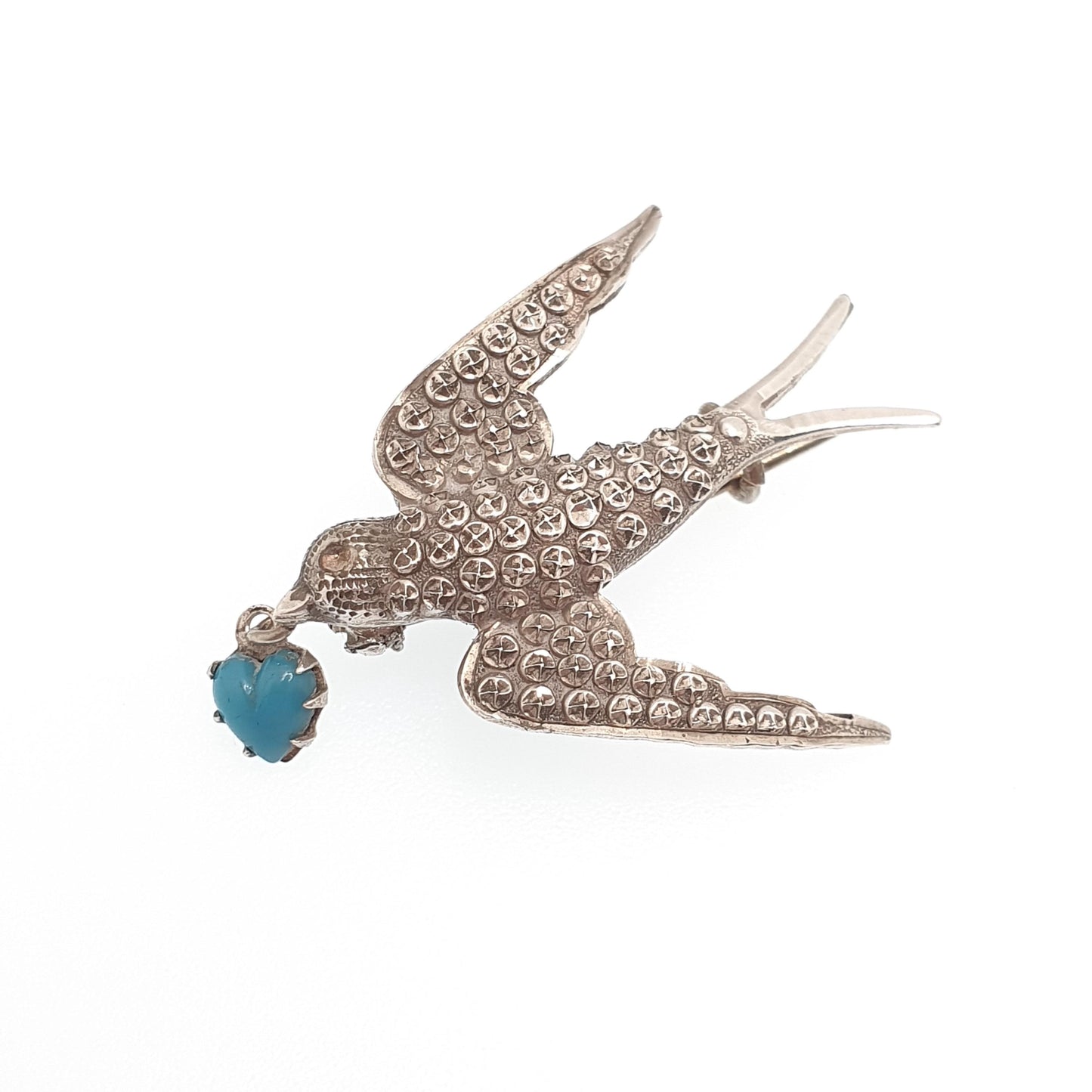 Antique Victorian Solid Silver Swallow Bird Brooch Hanging Heart Faux Turquoise Sweetheart Pastry Cutter Swift Vintage Jewelry Jewellery