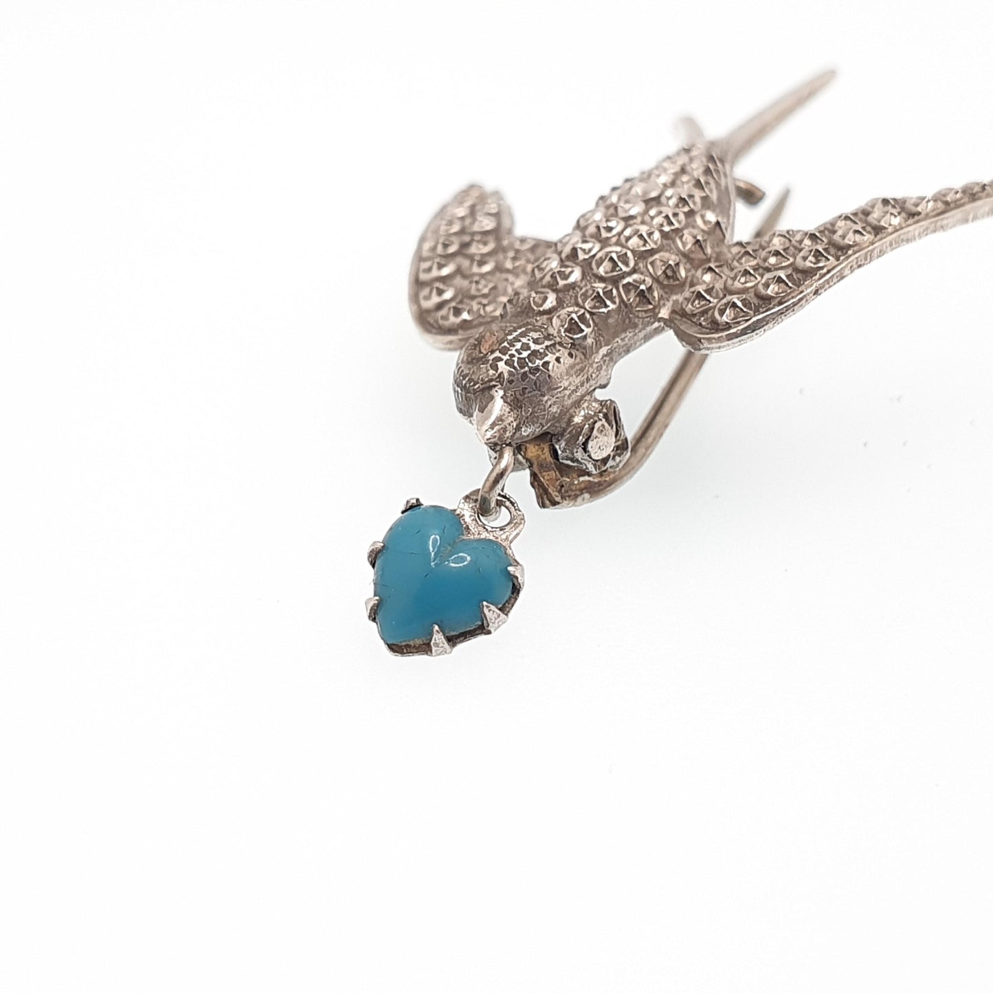 Antique Victorian Solid Silver Swallow Bird Brooch Hanging Heart Faux Turquoise Sweetheart Pastry Cutter Swift Vintage Jewelry Jewellery