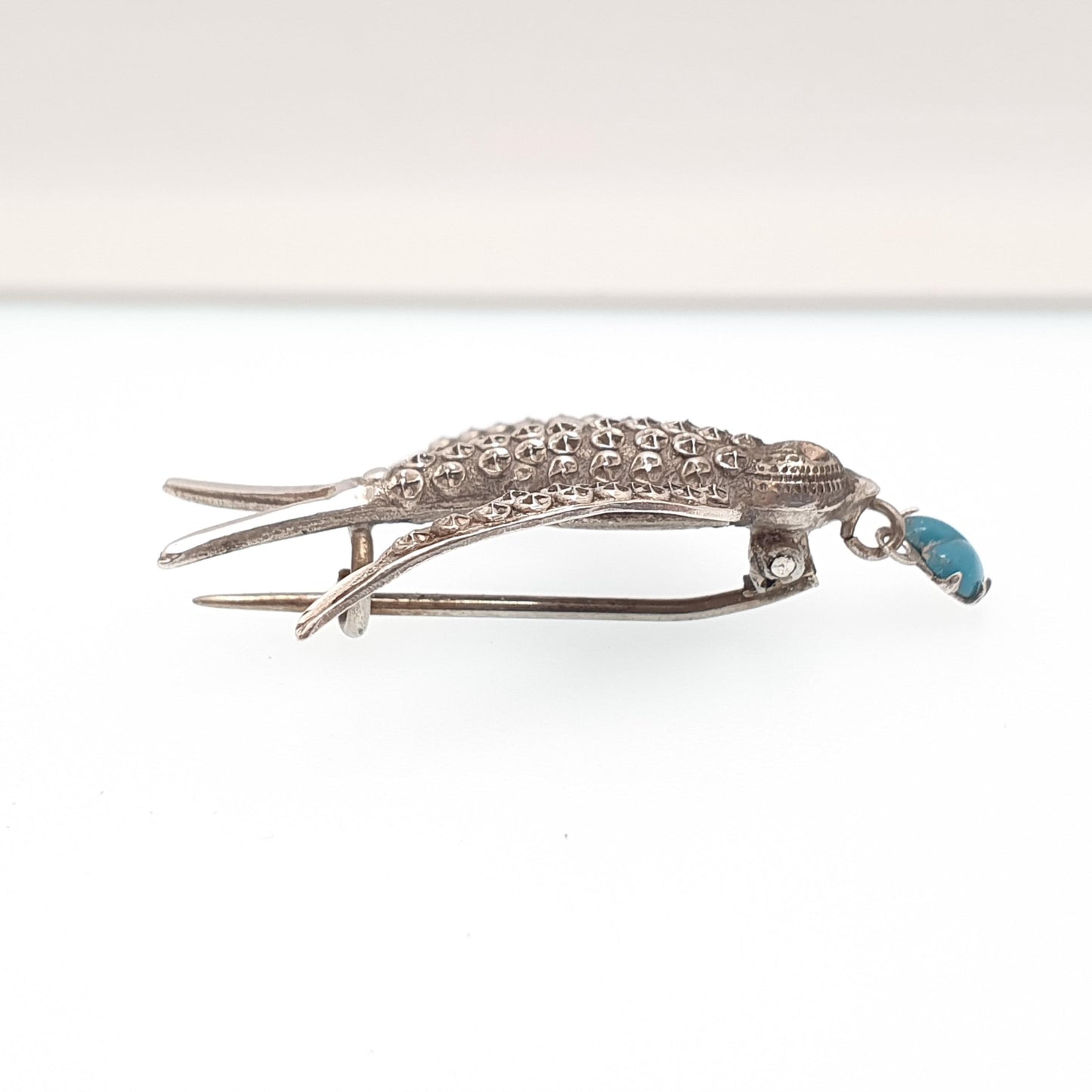 Antique Victorian Solid Silver Swallow Bird Brooch Hanging Heart Faux Turquoise Sweetheart Pastry Cutter Swift Vintage Jewelry Jewellery