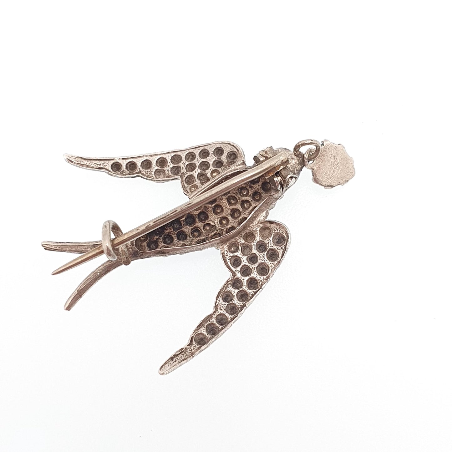 Antique Victorian Solid Silver Swallow Bird Brooch Hanging Heart Faux Turquoise Sweetheart Pastry Cutter Swift Vintage Jewelry Jewellery