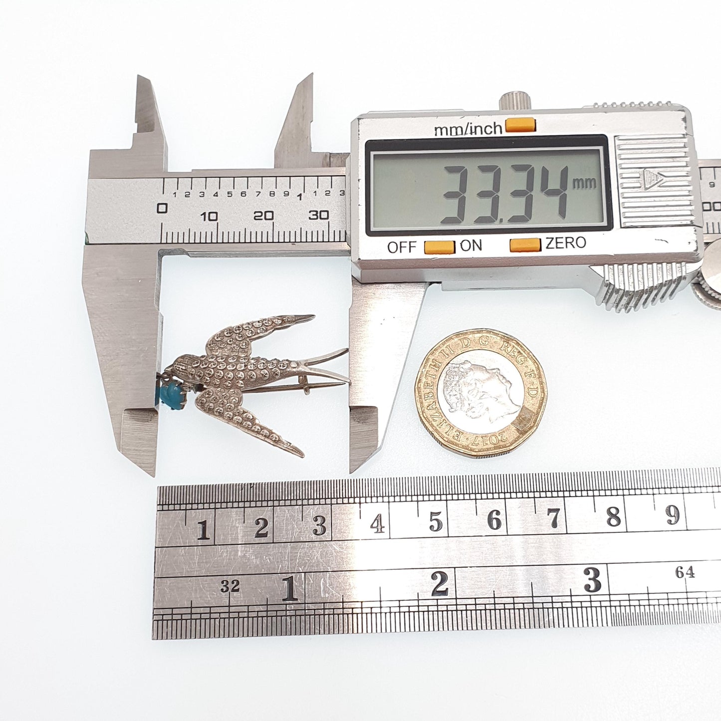 Antique Victorian Solid Silver Swallow Bird Brooch Hanging Heart Faux Turquoise Sweetheart Pastry Cutter Swift Vintage Jewelry Jewellery