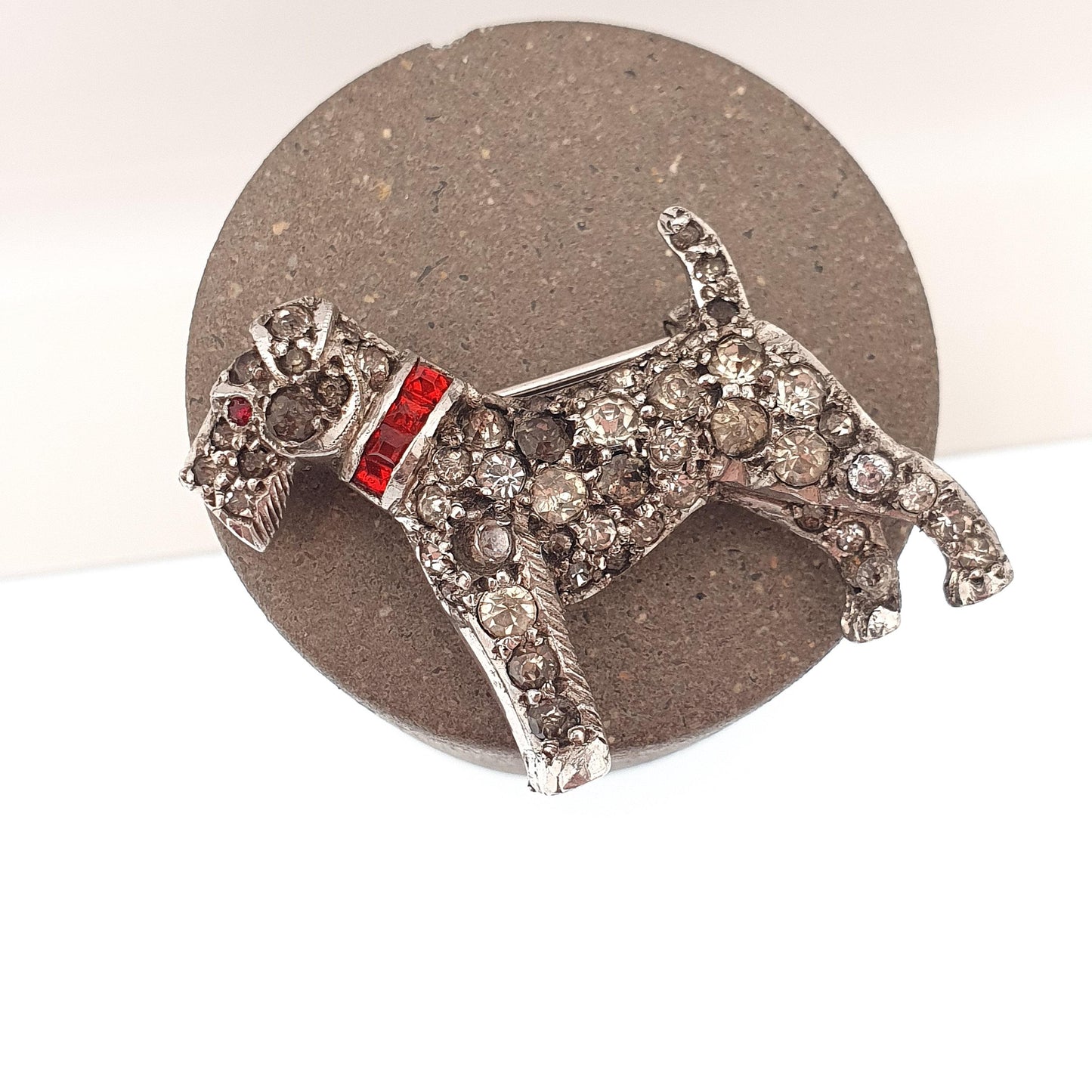 Antique Sterling Silver Scottish Terrier Dog Brooch Pin Diamond Paste & Ruby Pastes Scottie Dog Art Deco Vintage Jewellery Jewelry