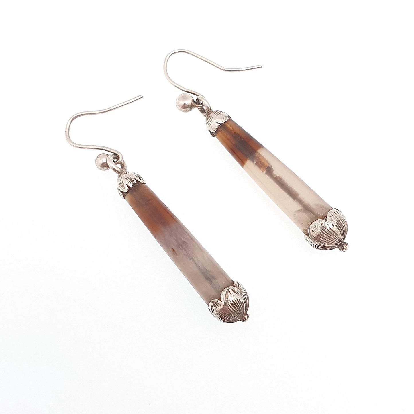 Antique Victorian Solid Silver Agate Earrings Teardrop Conical Genuine Quartz Vintage Hook Dangle Drop Jewelry Jewellery