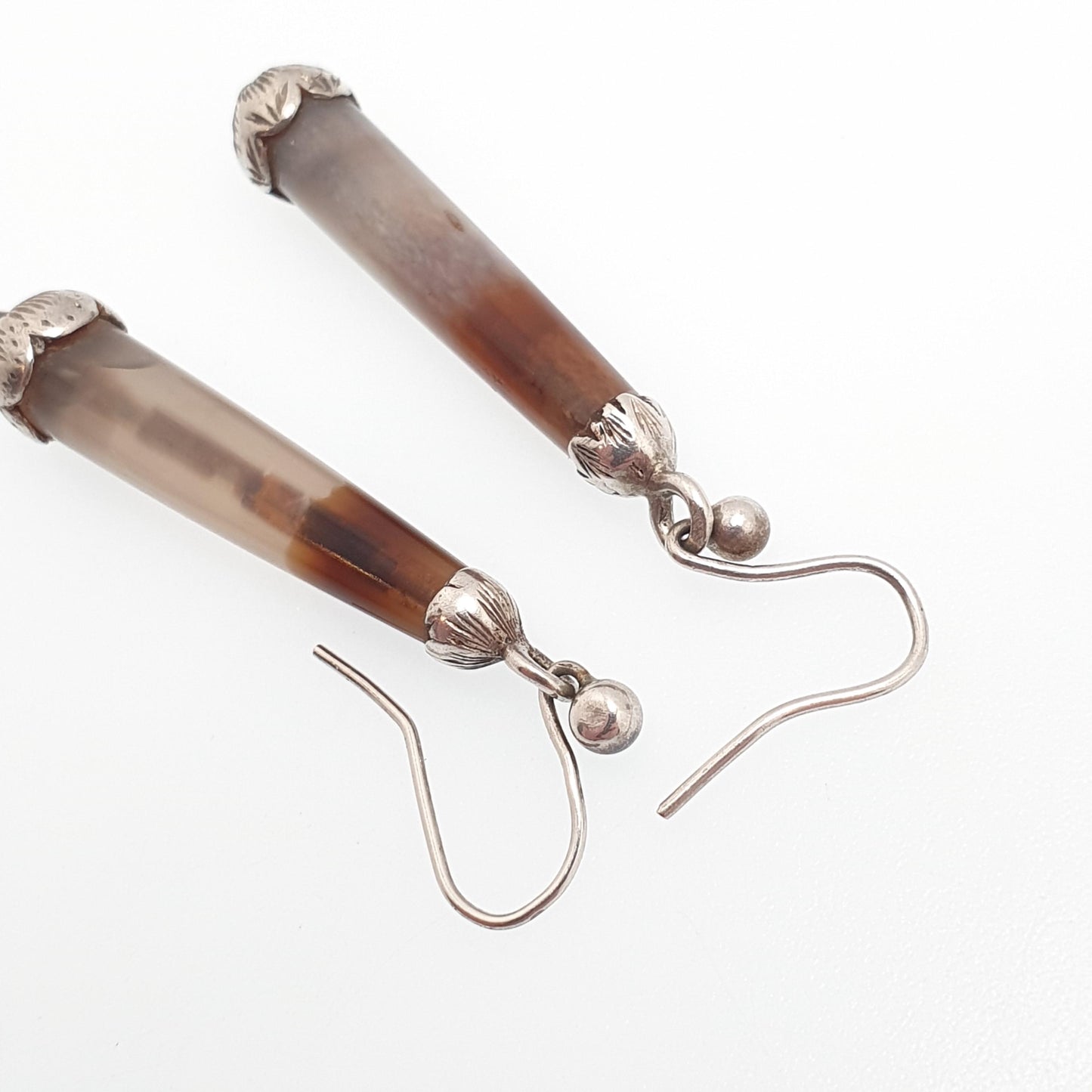 Antique Victorian Solid Silver Agate Earrings Teardrop Conical Genuine Quartz Vintage Hook Dangle Drop Jewelry Jewellery